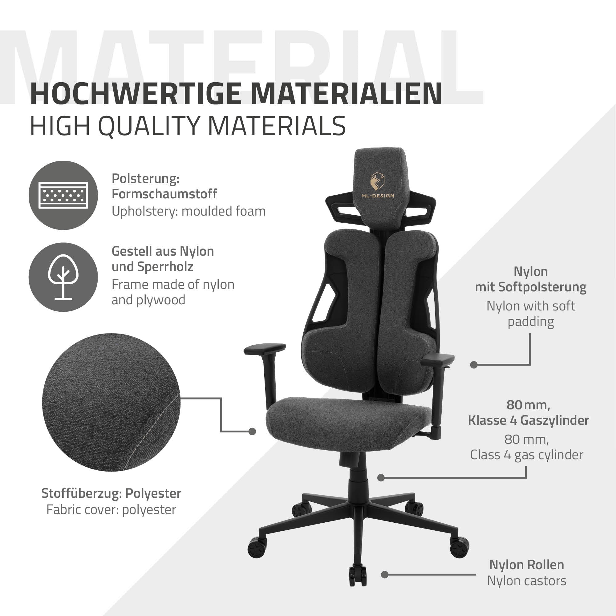 Detaljevisning af en gaming stol med materialer af høj kvalitet og polstring.