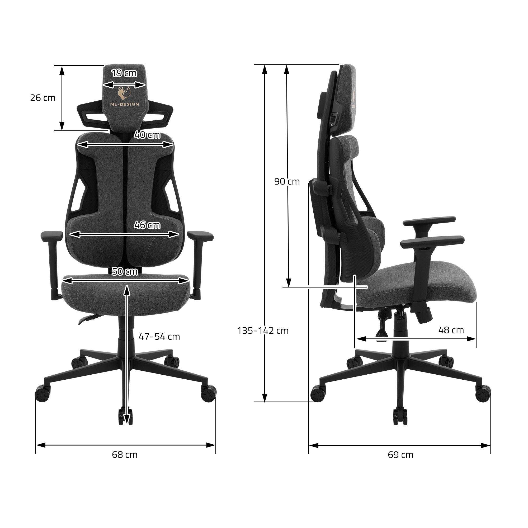 Måltegning af en kontorstol med dimensioner og detaljer.