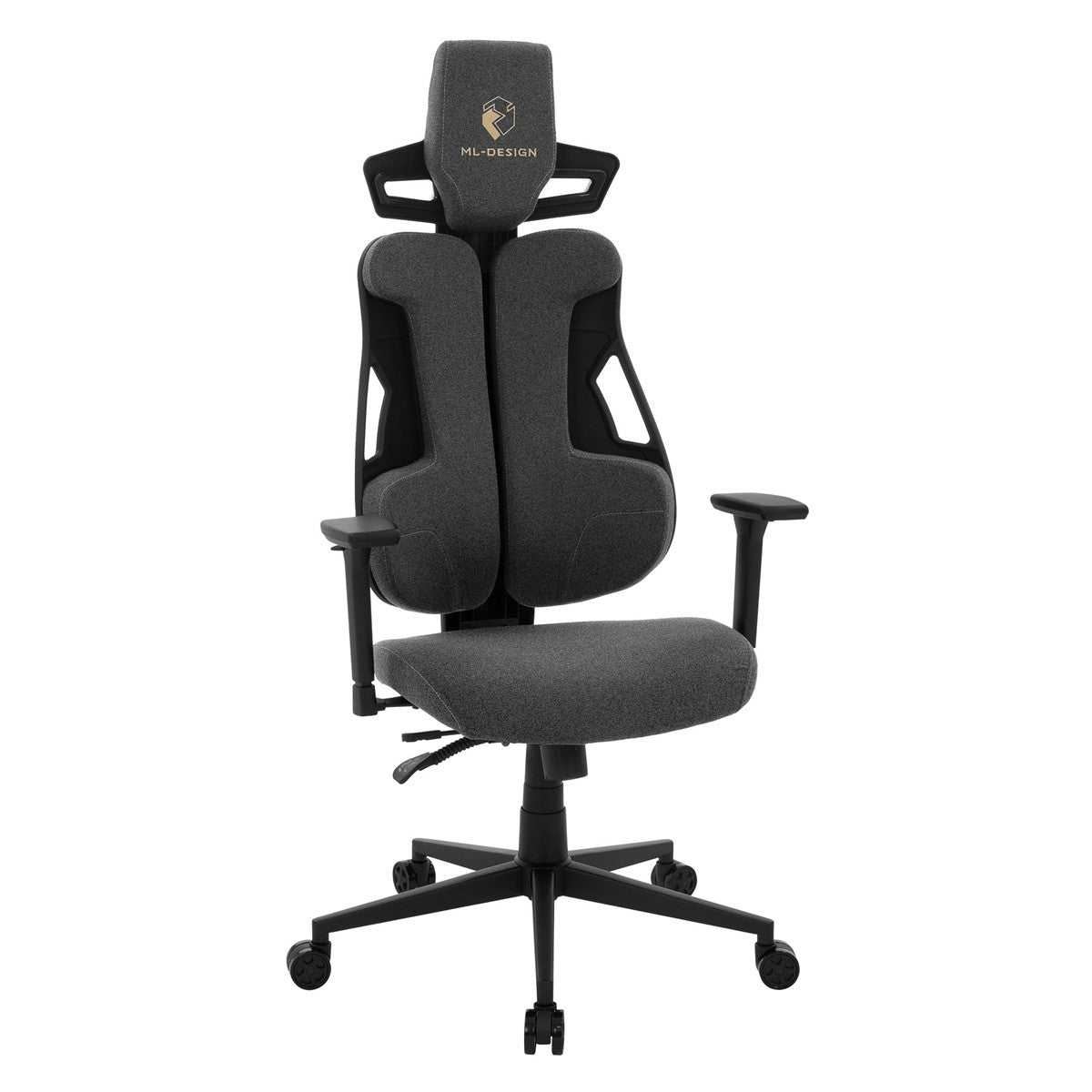 Silla de oficina gris oscuro con respaldo alto y reposabrazos.