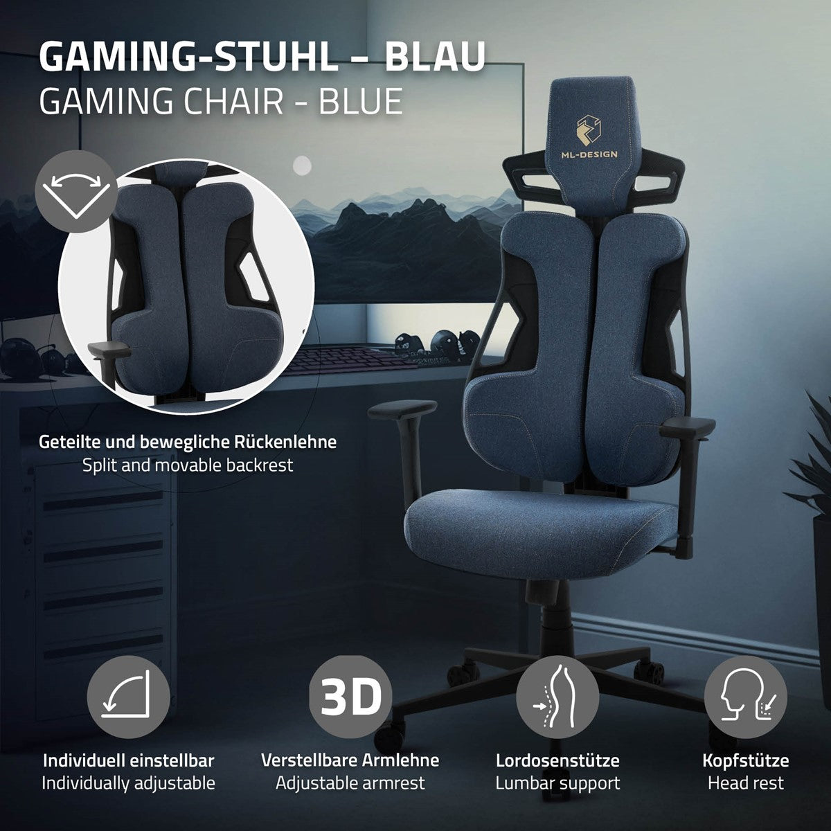 Sedia da gaming blu con schienale diviso e braccioli regolabili.