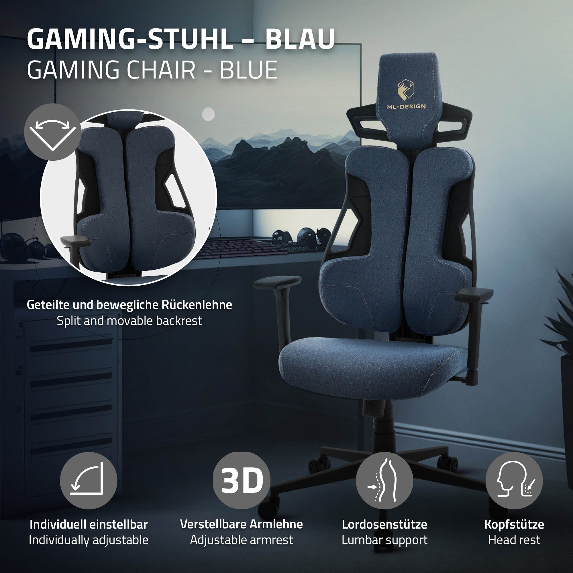 Blauer Gamingstuhl mit geteilter Rückenlehne und verstellbaren Armlehnen.