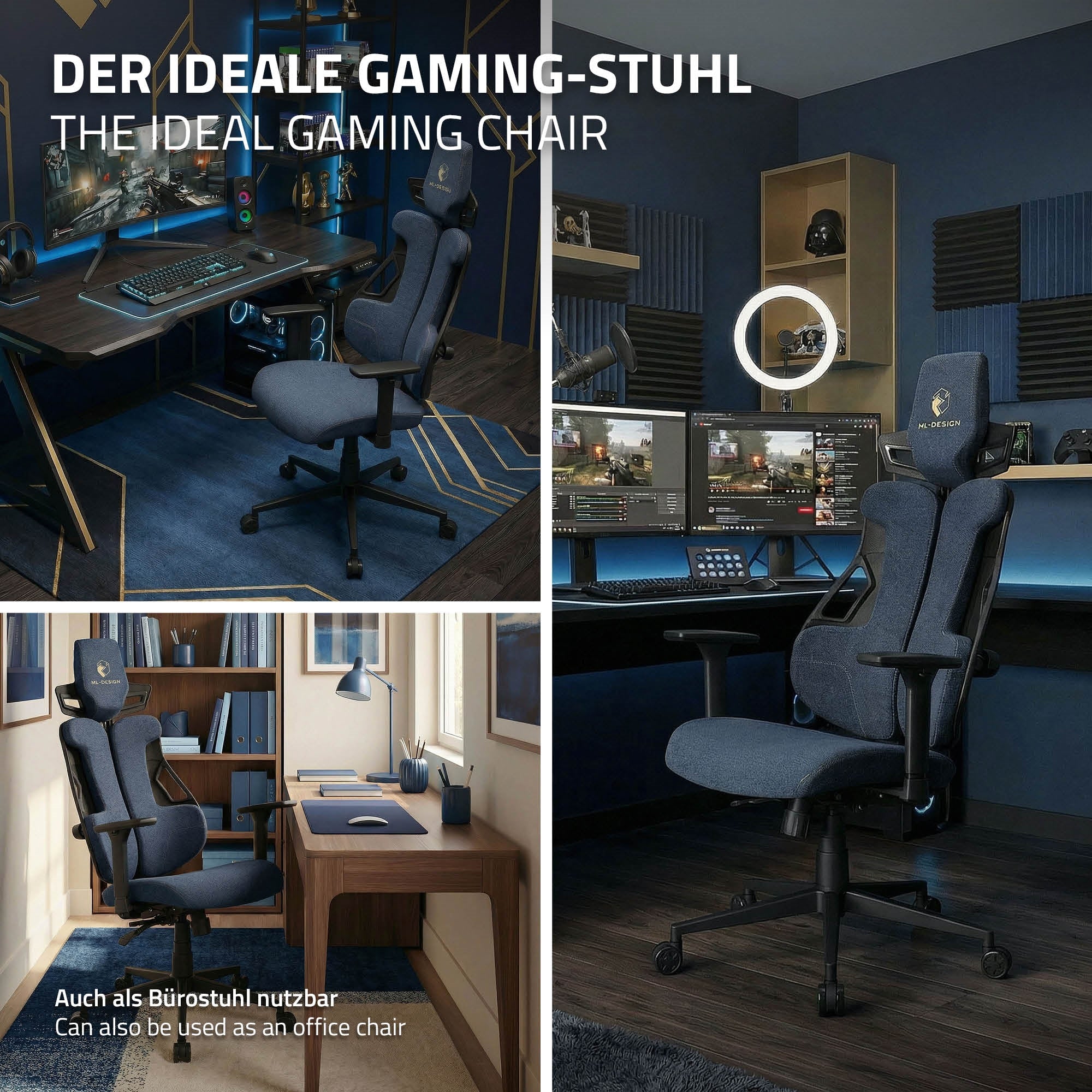 Ufficio con sedia da gaming, scrivania e monitor per computer.