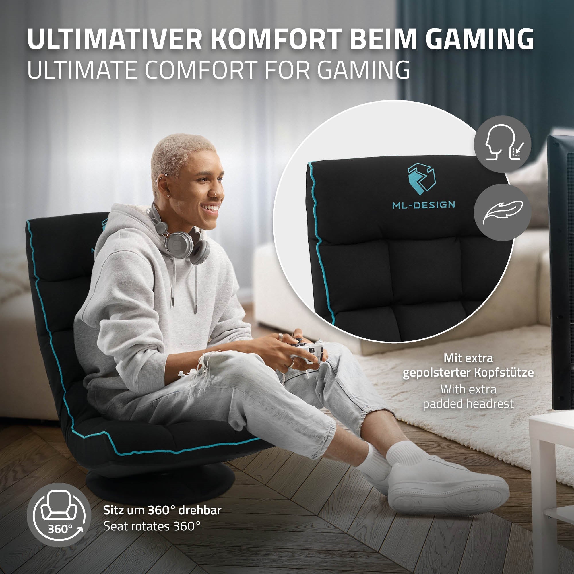 Giovane uomo seduto su una sedia da gaming e indossa cuffie.