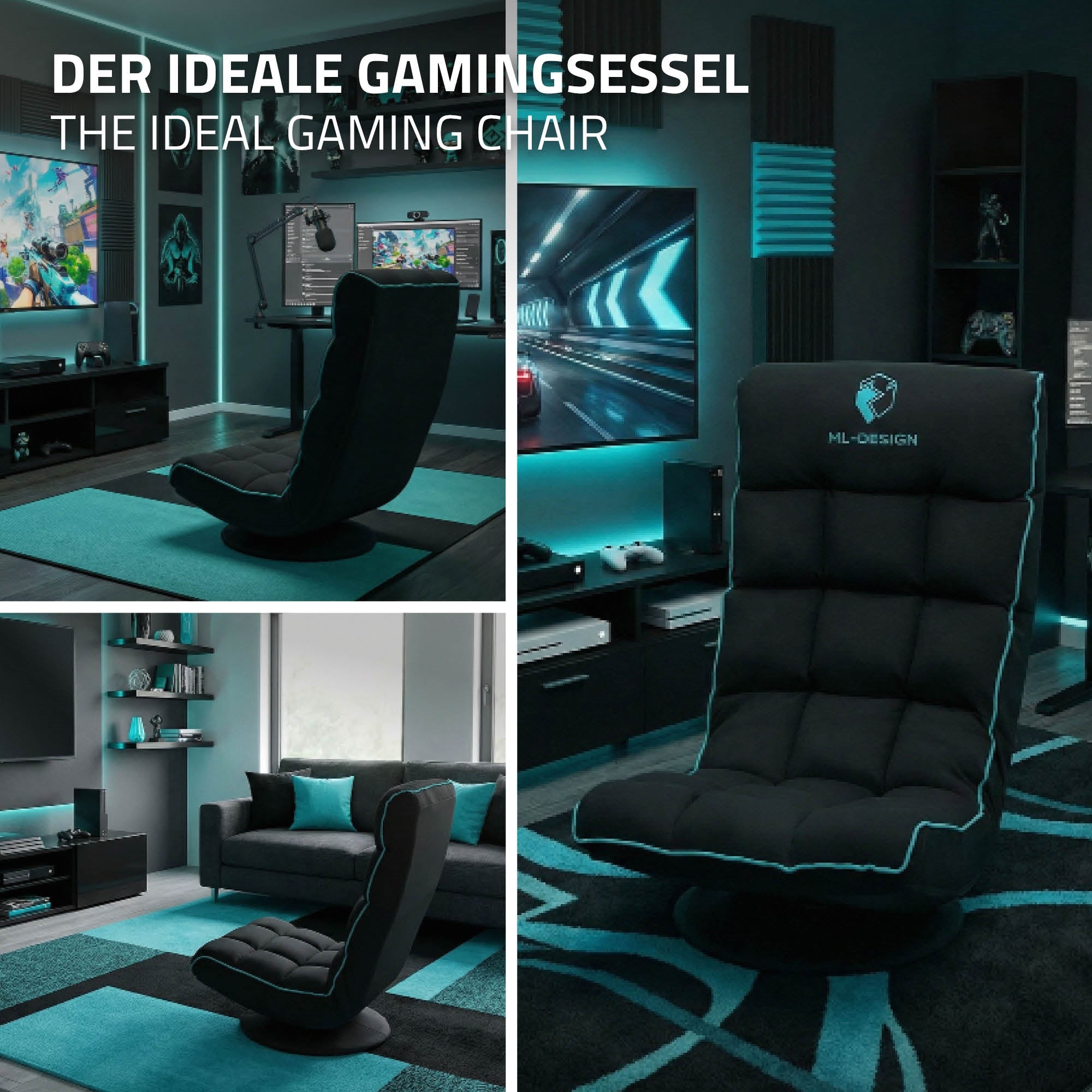 Sedia da gaming in una stanza moderna con tecnologia e accenti blu.