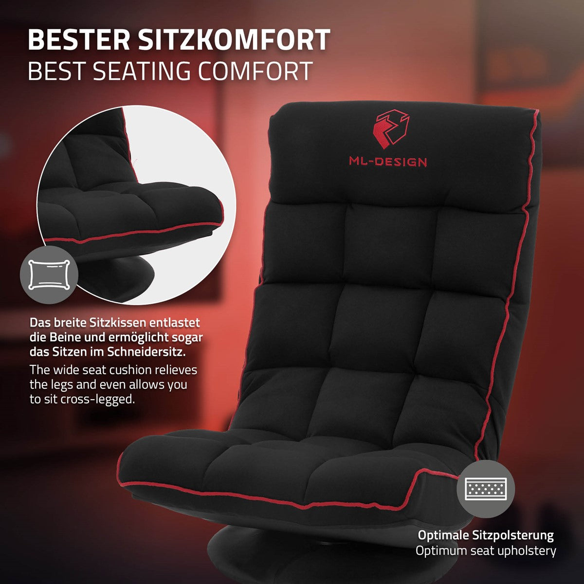 Sitzkissen mit rotem Rand und Text über besten Sitzkomfort.