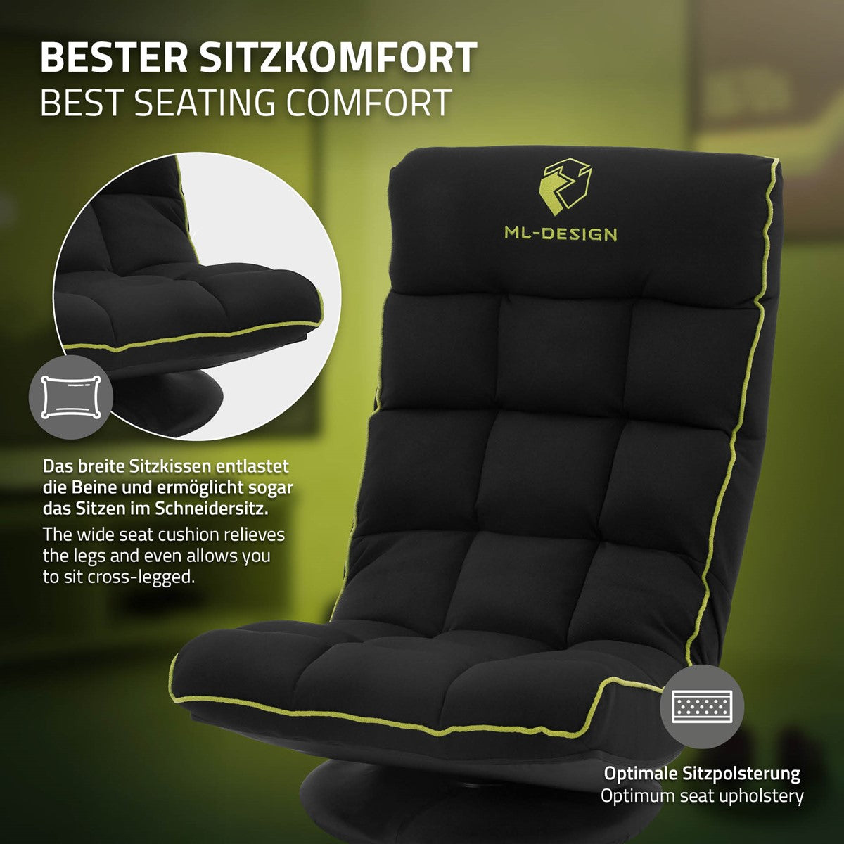 Schwarzer Gamingstuhl mit gelben Akzenten, gepolstert und drehbar.
