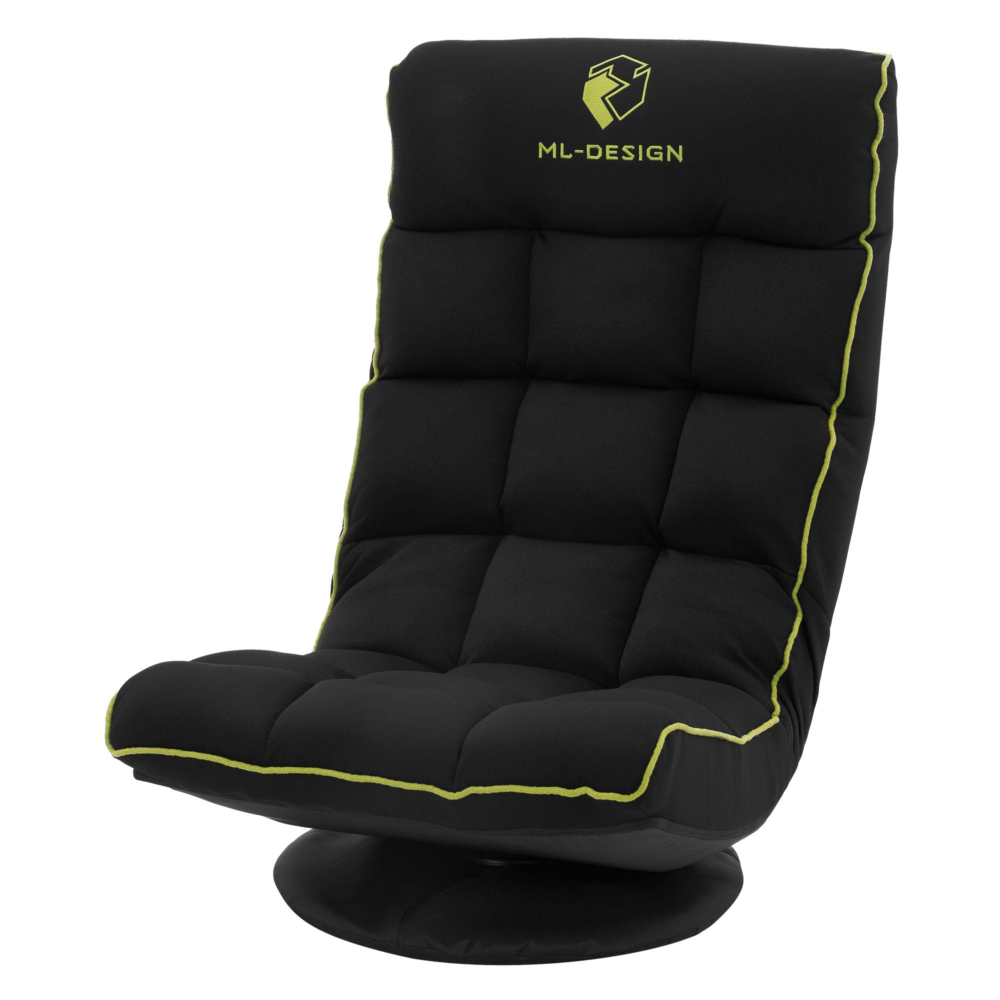 Sedia da gaming nera con accenti gialli in una stanza moderna.