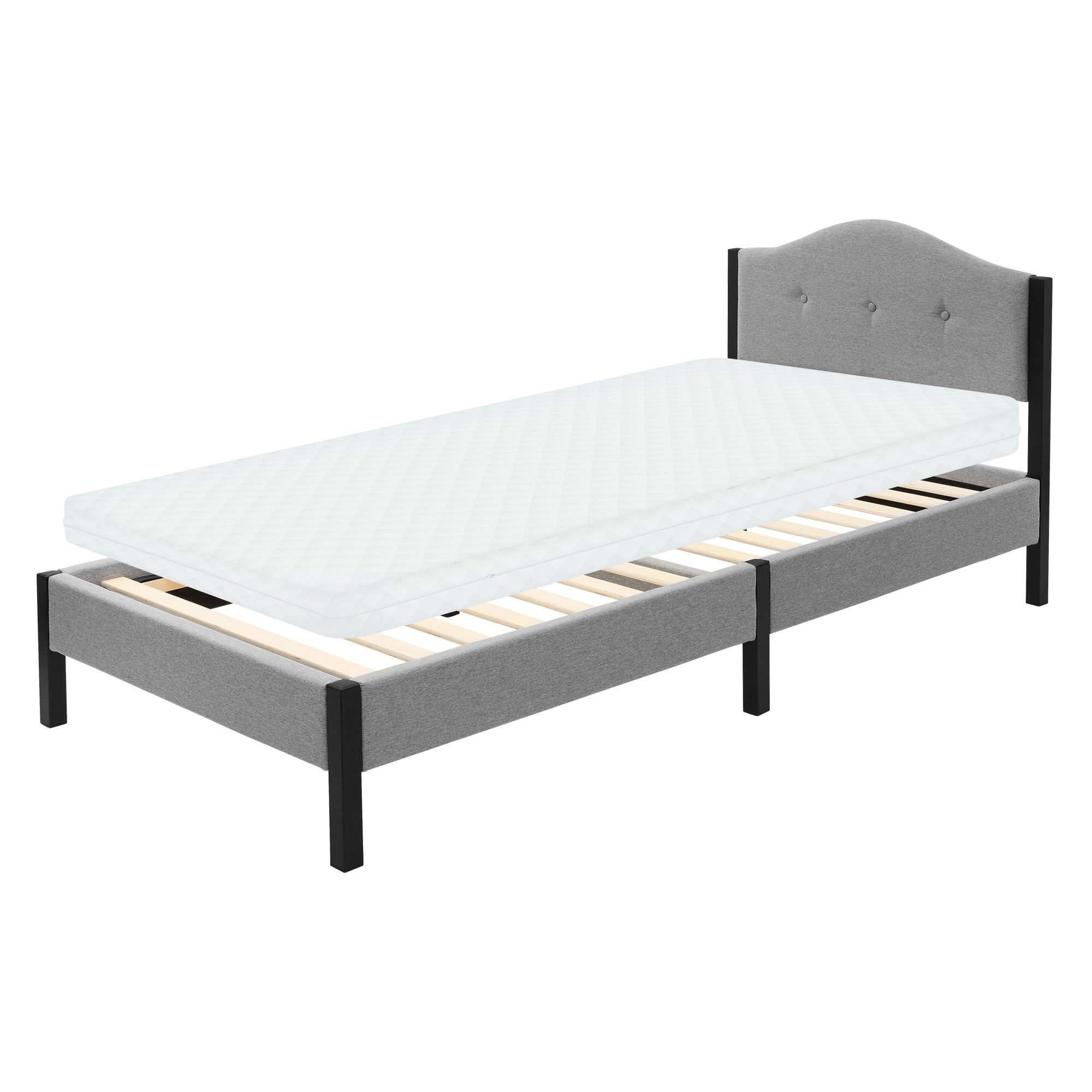 Ein graues Einzelbett mit Matratze und Lattenrost.