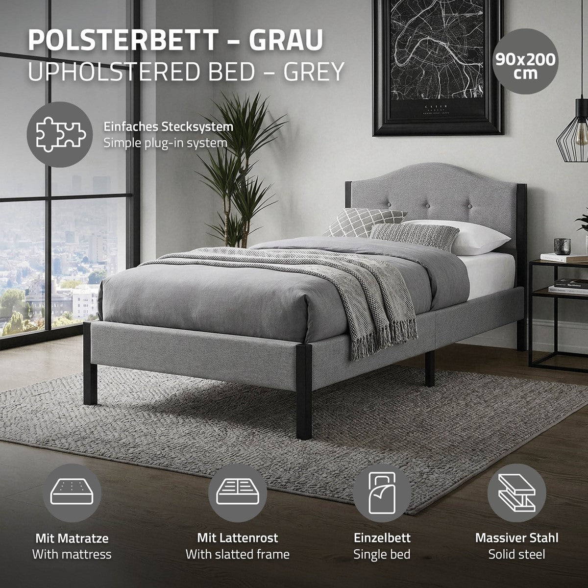 Bild eines grauen Polsterbetts mit Matratze und Lattenrost.