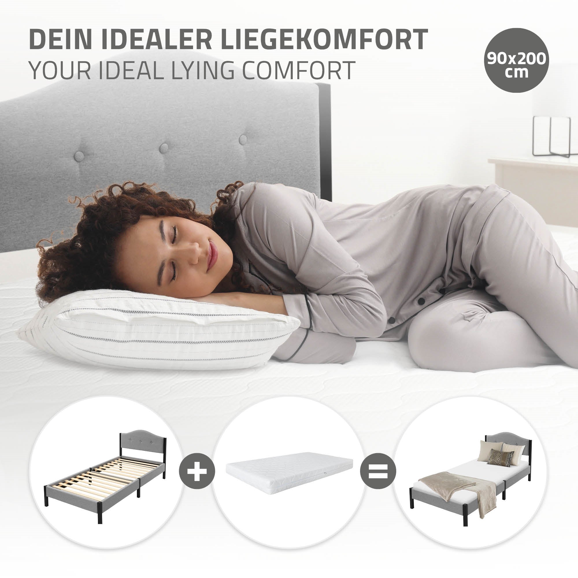 Eine schlafende Person auf einem Kissen mit Text über Liegekomfort und einem Bettgestell.