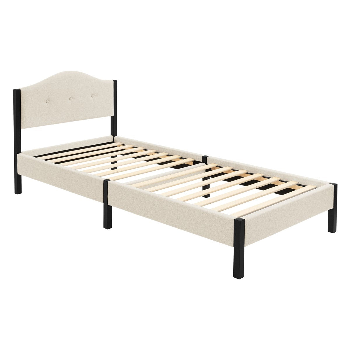 Een eenpersoonsbed met een licht ontwerp, zonder matras, op een witte achtergrond.