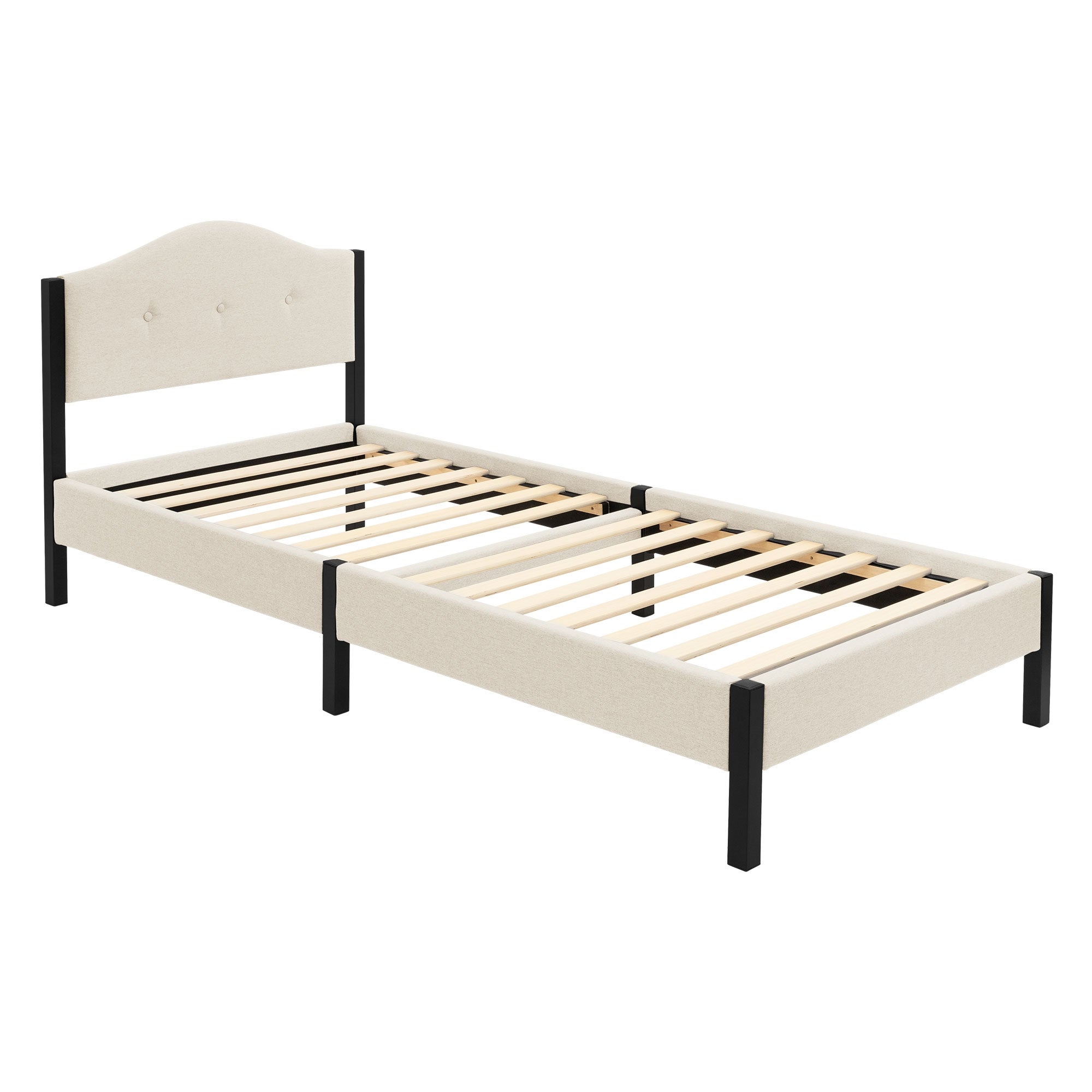 Ein einzelnes Bett in hellem Design, ohne Matratze, auf einem weißen Hintergrund.