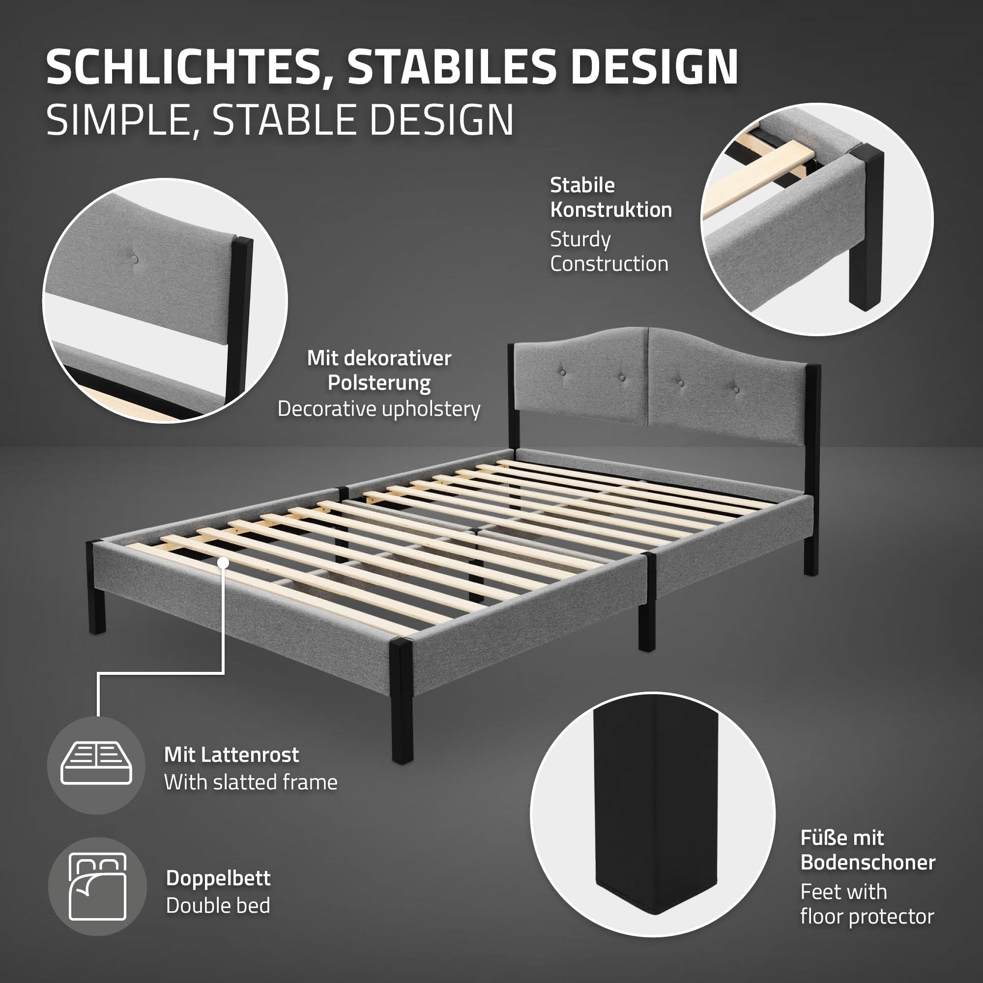 Grafik mit Informationen zu einem stabilen Bettdesign und seinen Eigenschaften.