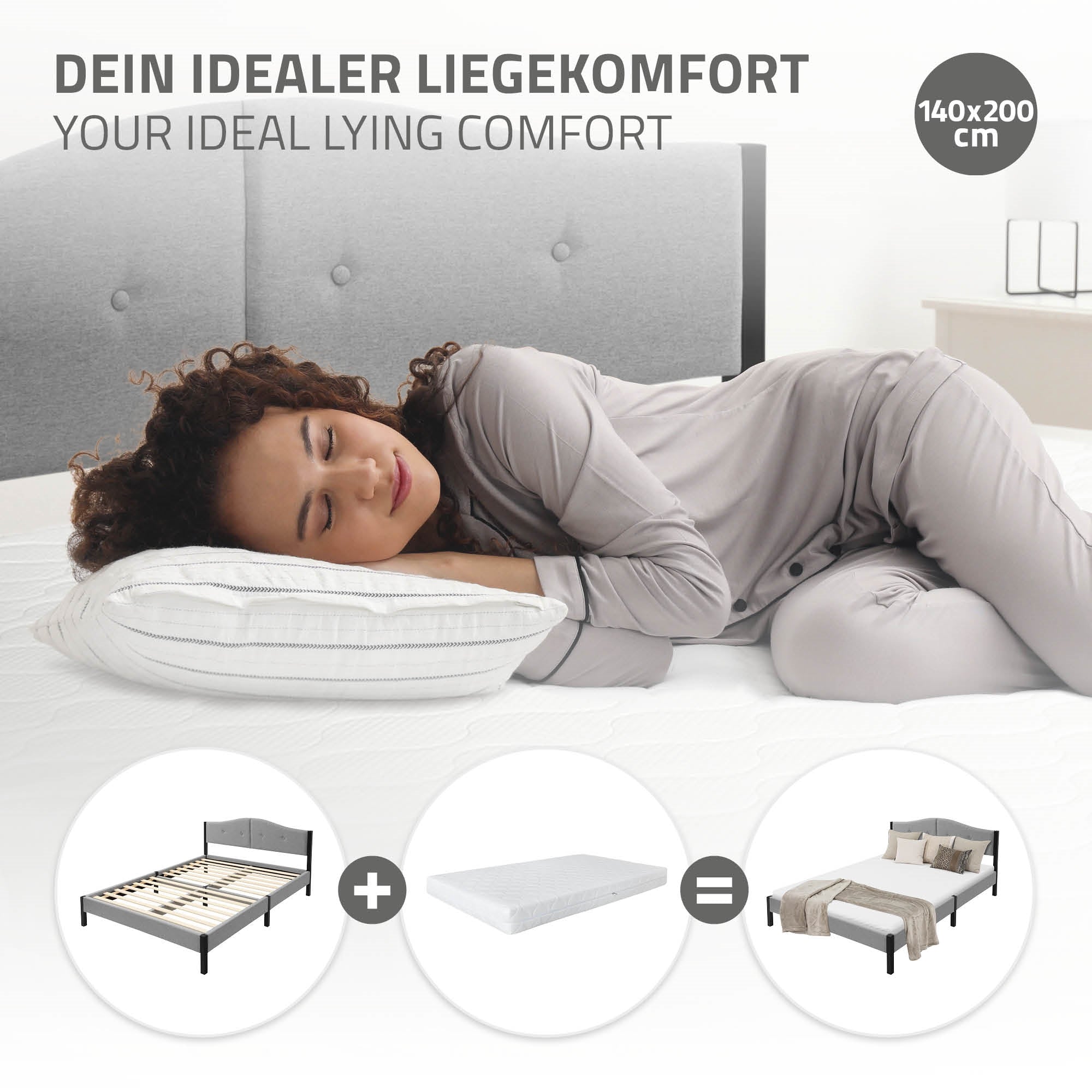 Frau liegt auf einem Bett mit Kopfkissen, umgeben von Informationen zu Bett und Matratze.