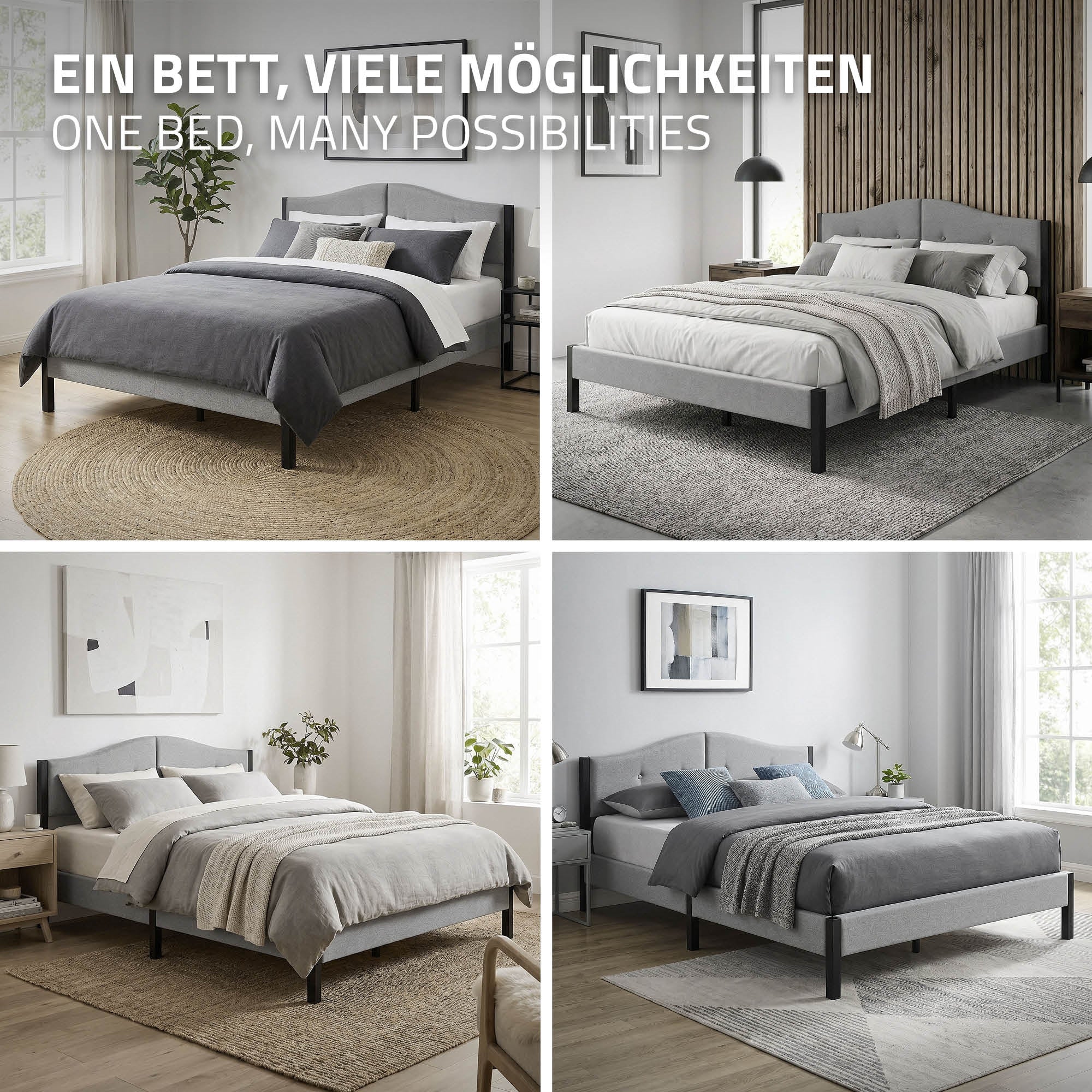 Vier Bilder von Betten in unterschiedlichen Farben und Stilen in einem modernen Raum.