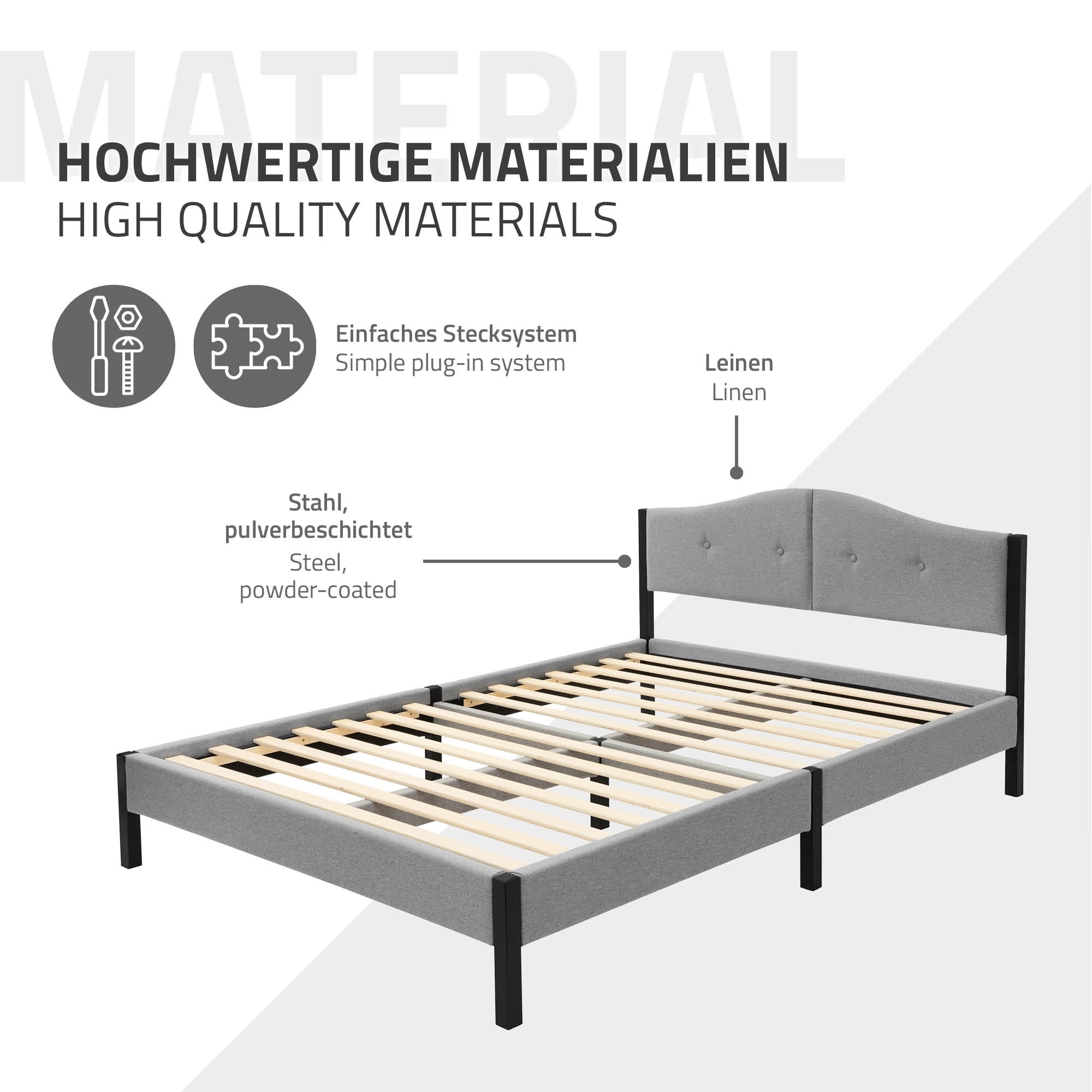 Bett mit grauem gepolstertem Kopfteil und Holzlattenrost, auf weißem Hintergrund.