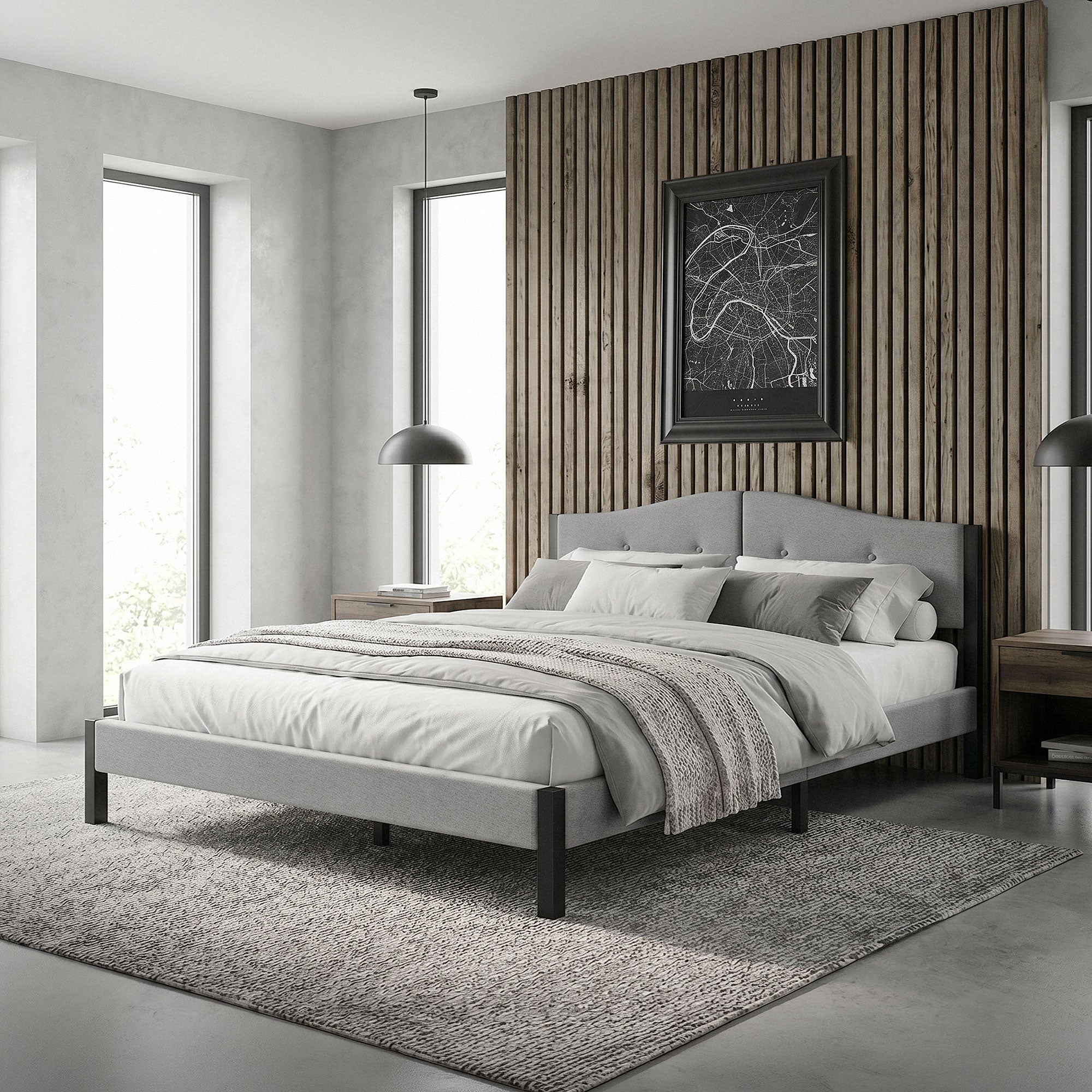 Ein modernes Schlafzimmer mit einem grauen Bett und Holzverkleidung an der Wand.
