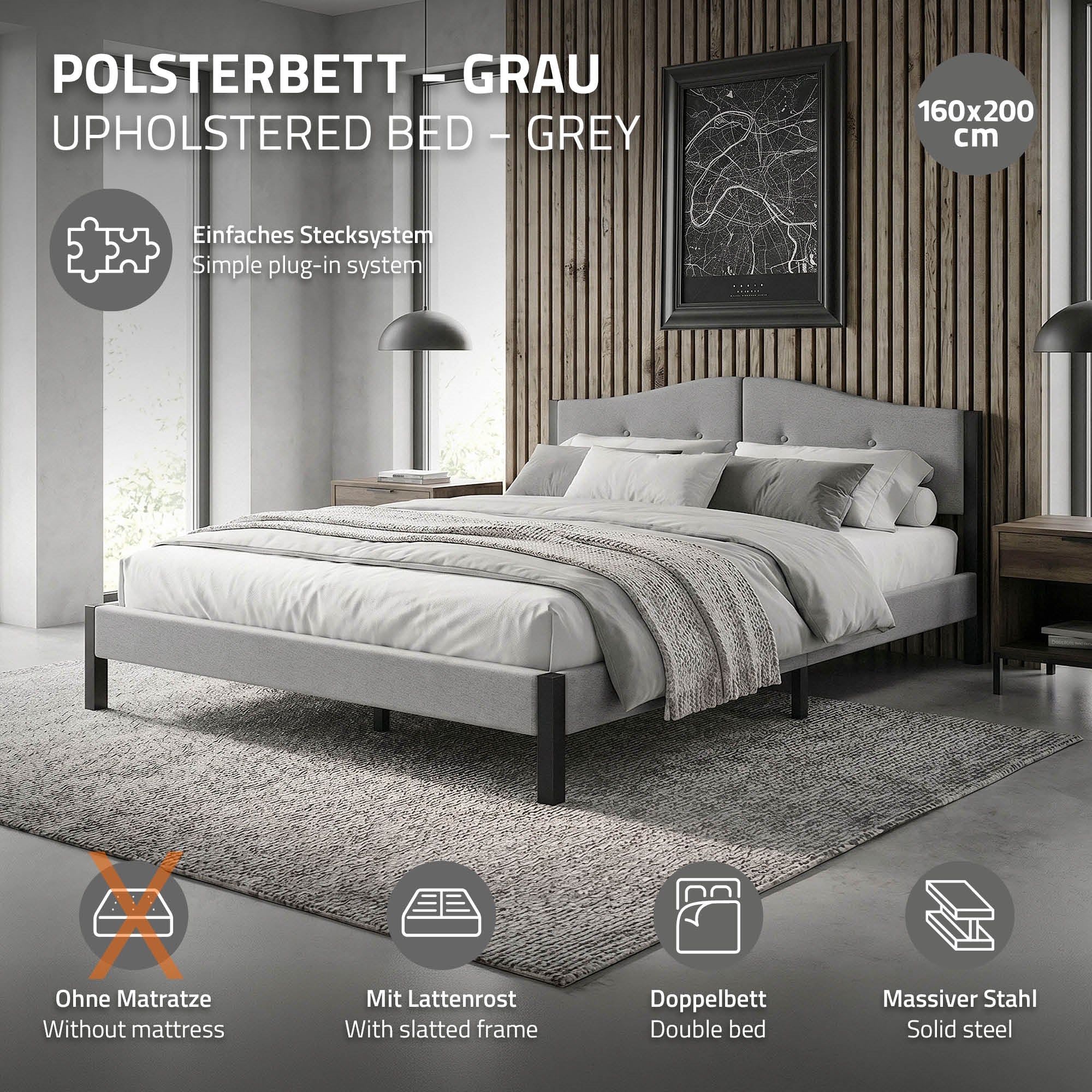Graues Polsterbett mit Lattensystem, ohne Matratze, 160x200 cm.
