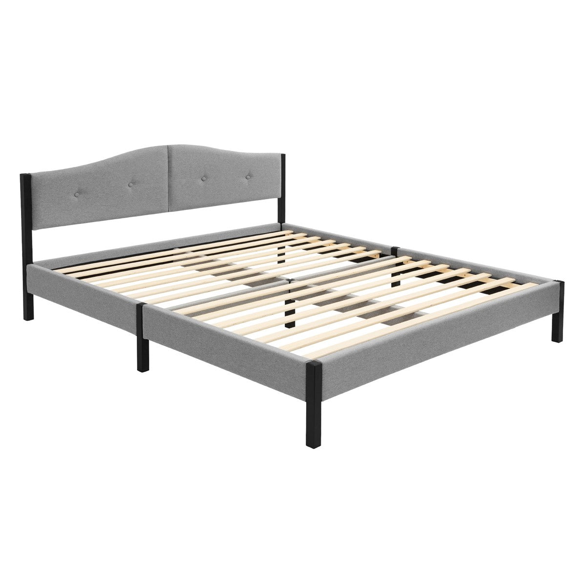 A bed frame with an upholstered headboard and visible slats.