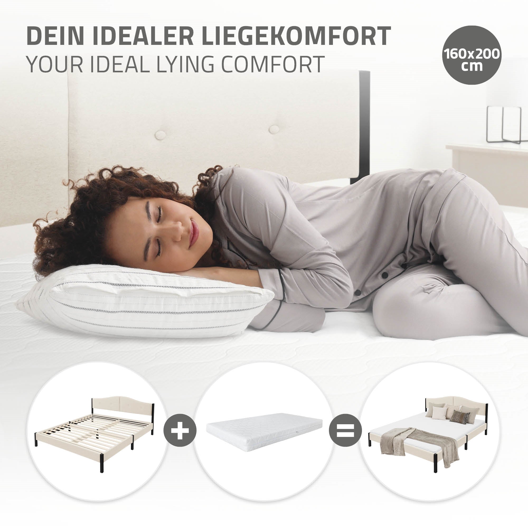 Eine Person liegt auf einem Bett mit Kissen und Decke.