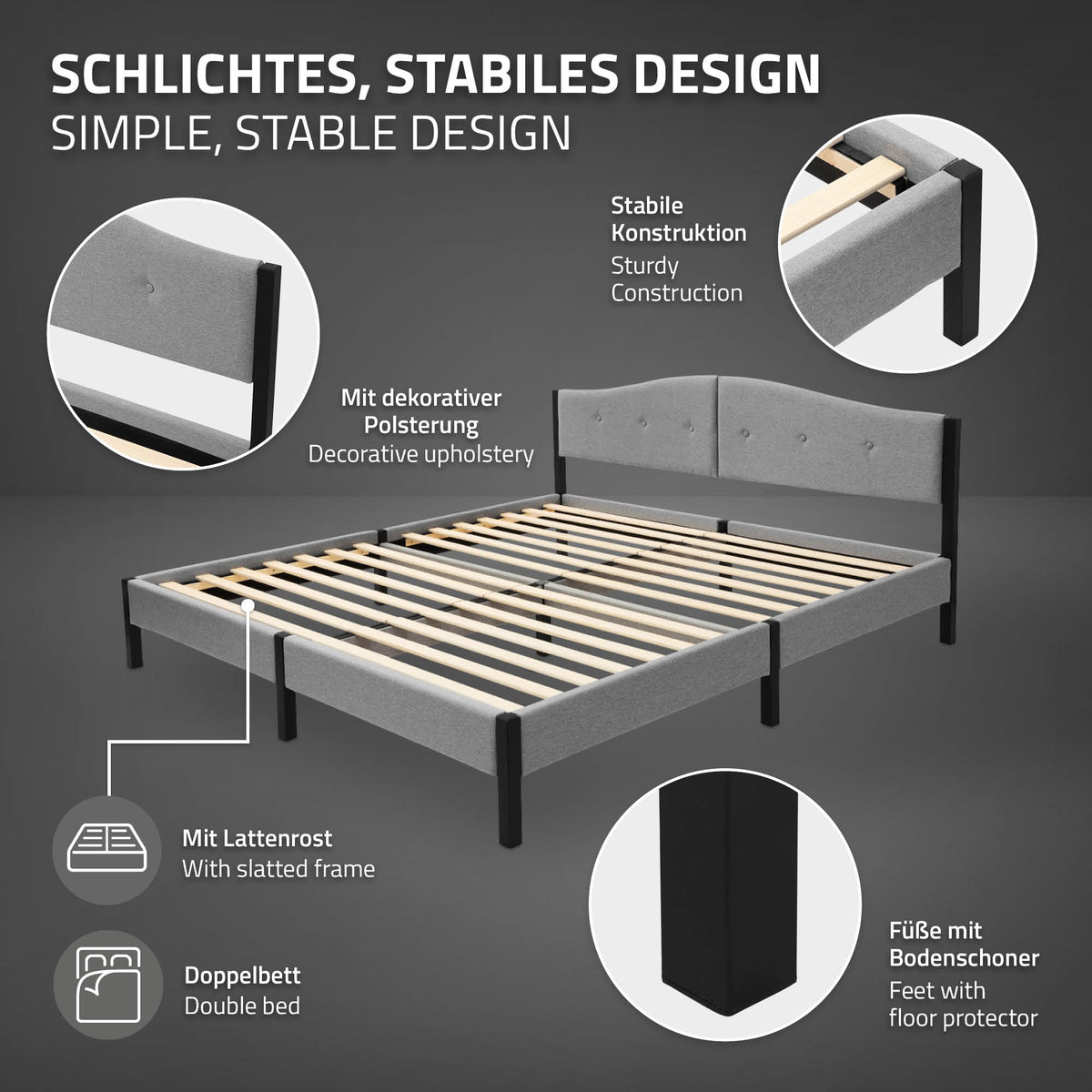 Graphic of a bed with description of features and materials in gray.