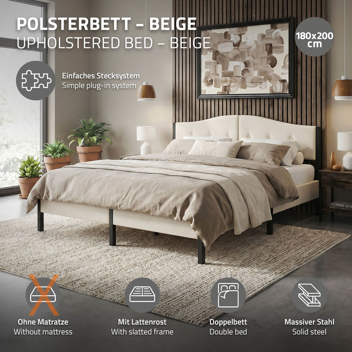 Beige Polsterbett mit einfachem Stecksystem und ohne Matratze.