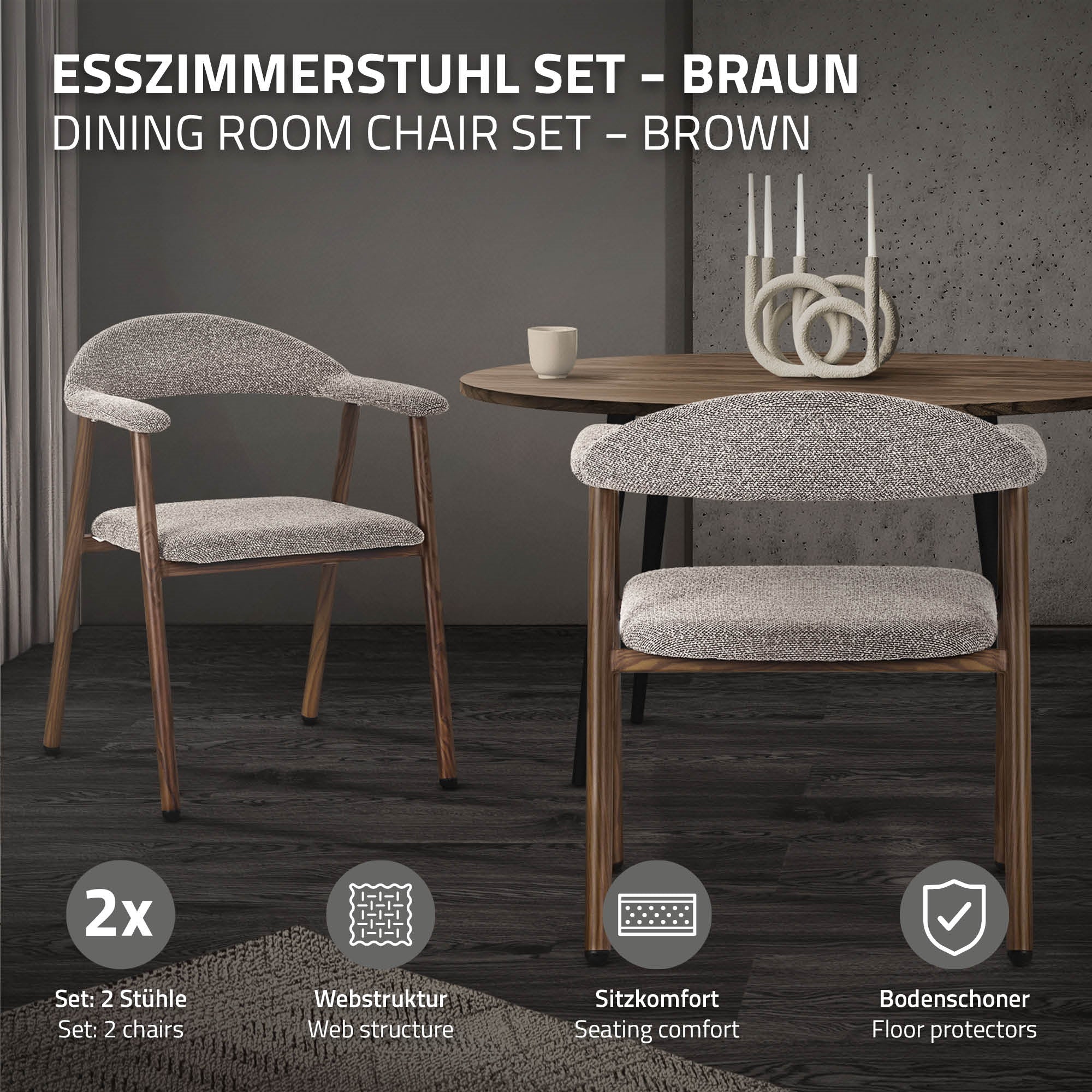 Ein braunes Esszimmerstuhl-Set mit zwei Stühlen und Beschreibung der Eigenschaften.
