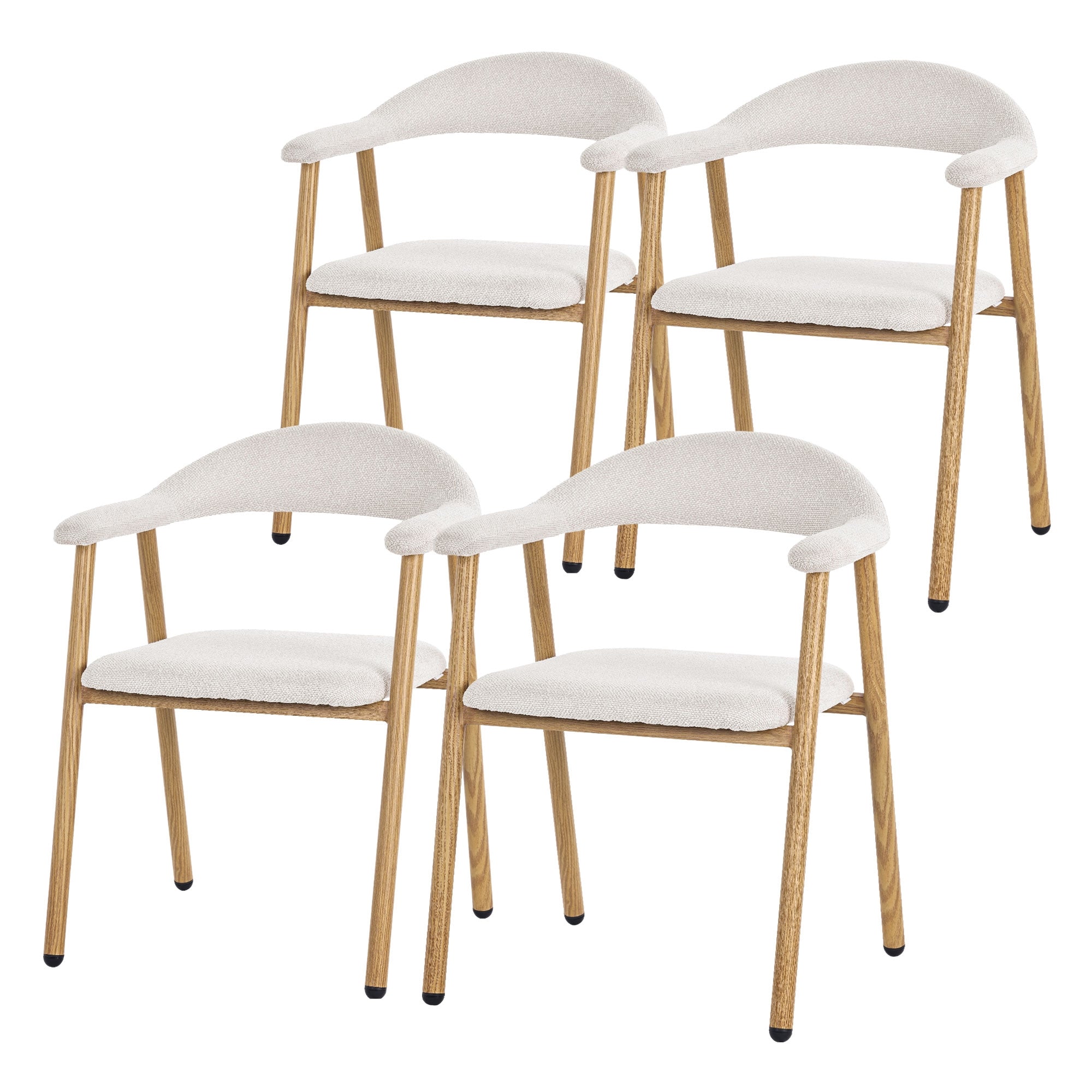 Vier beige Esszimmerstühle mit Holzbeinen.