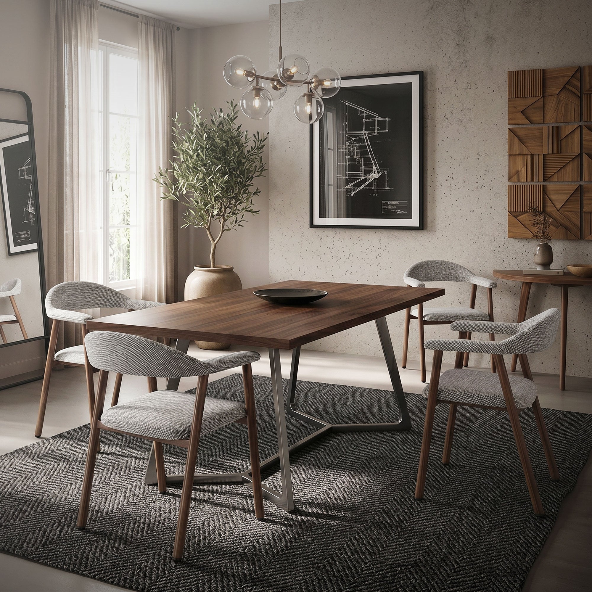 Ein Esszimmer mit einem Tisch und mehreren grauen Stühlen.