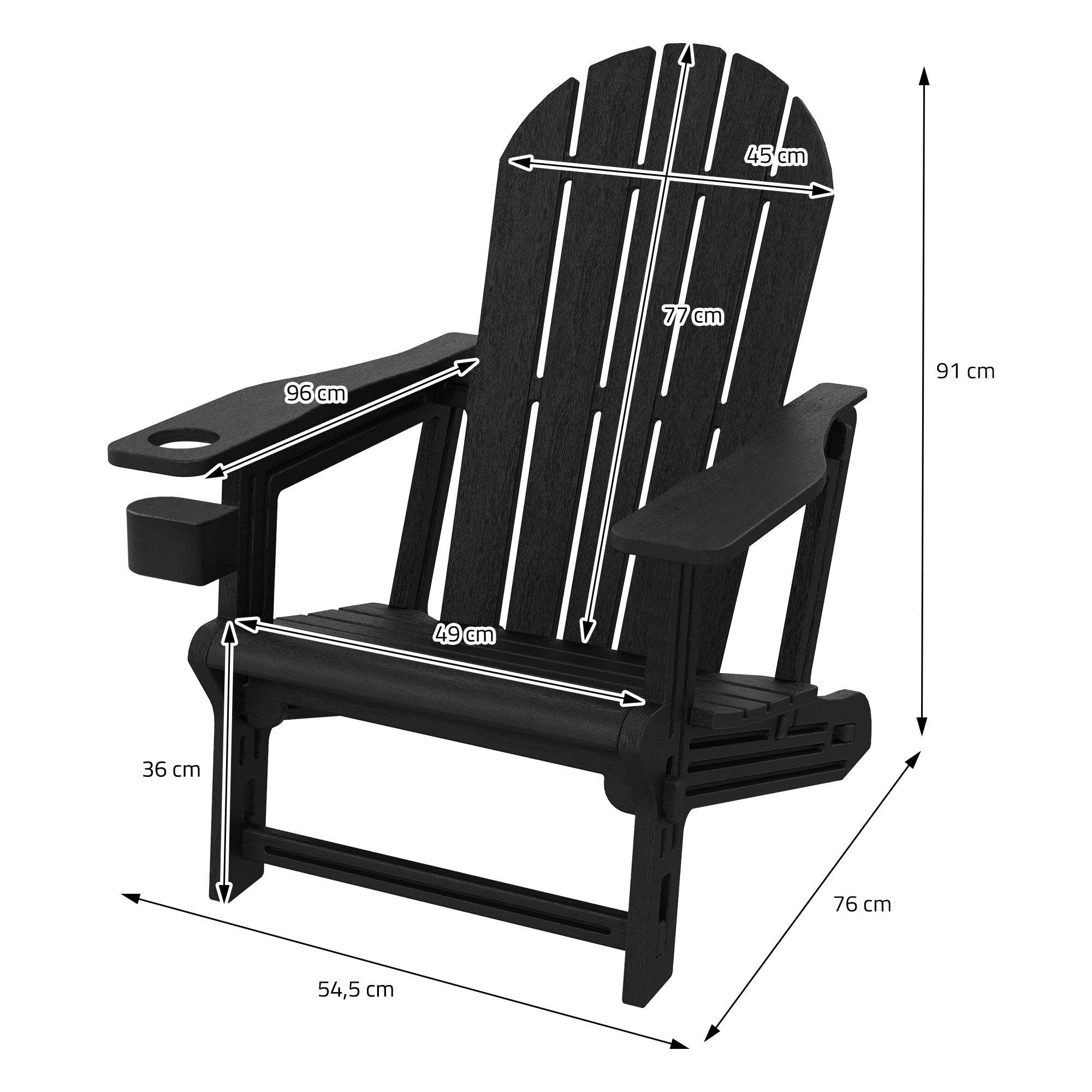 Černá Adirondack židle s rozměry a držákem na nápoje.