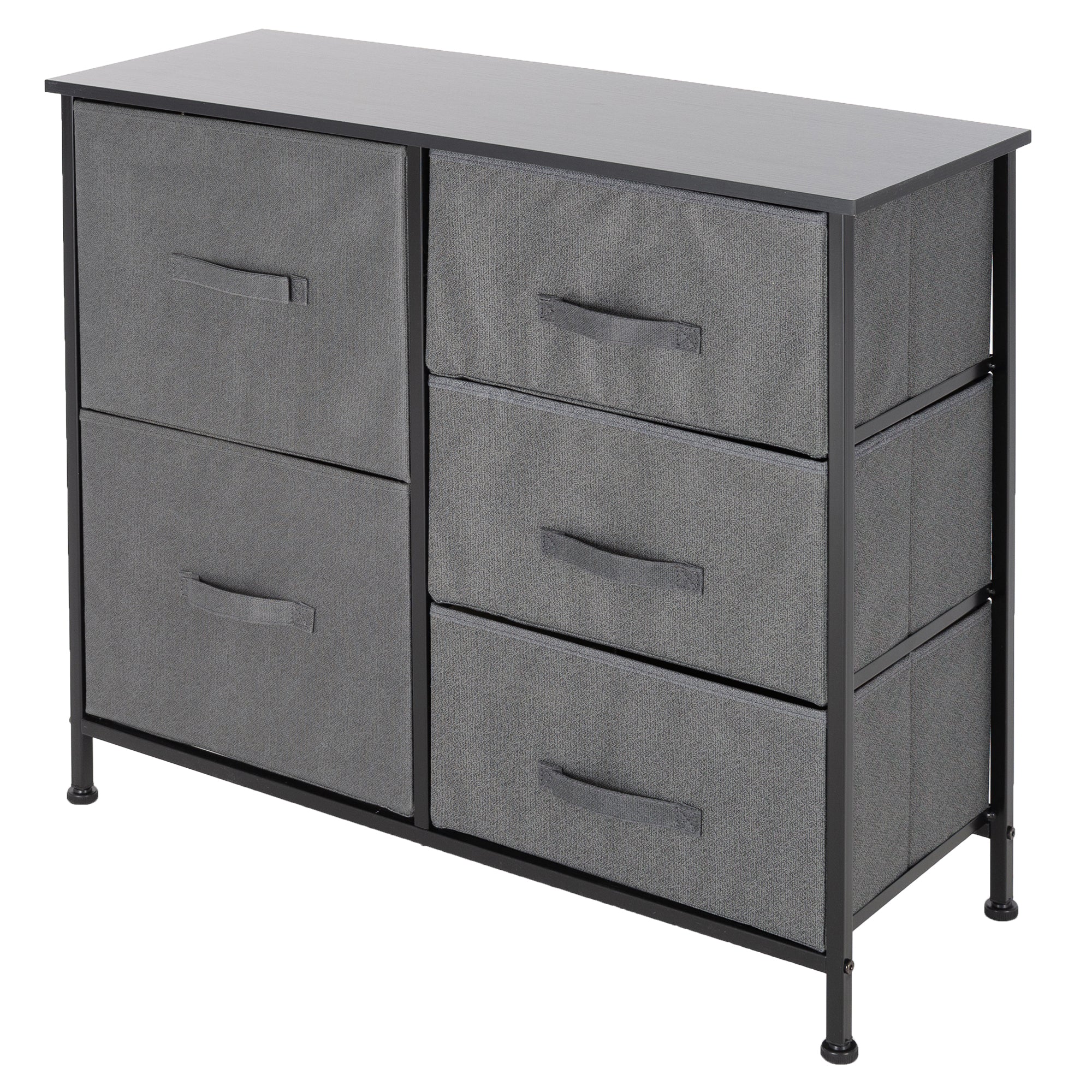 Kommode mit grauen Stoffboxen und schwarzem Oberteil.