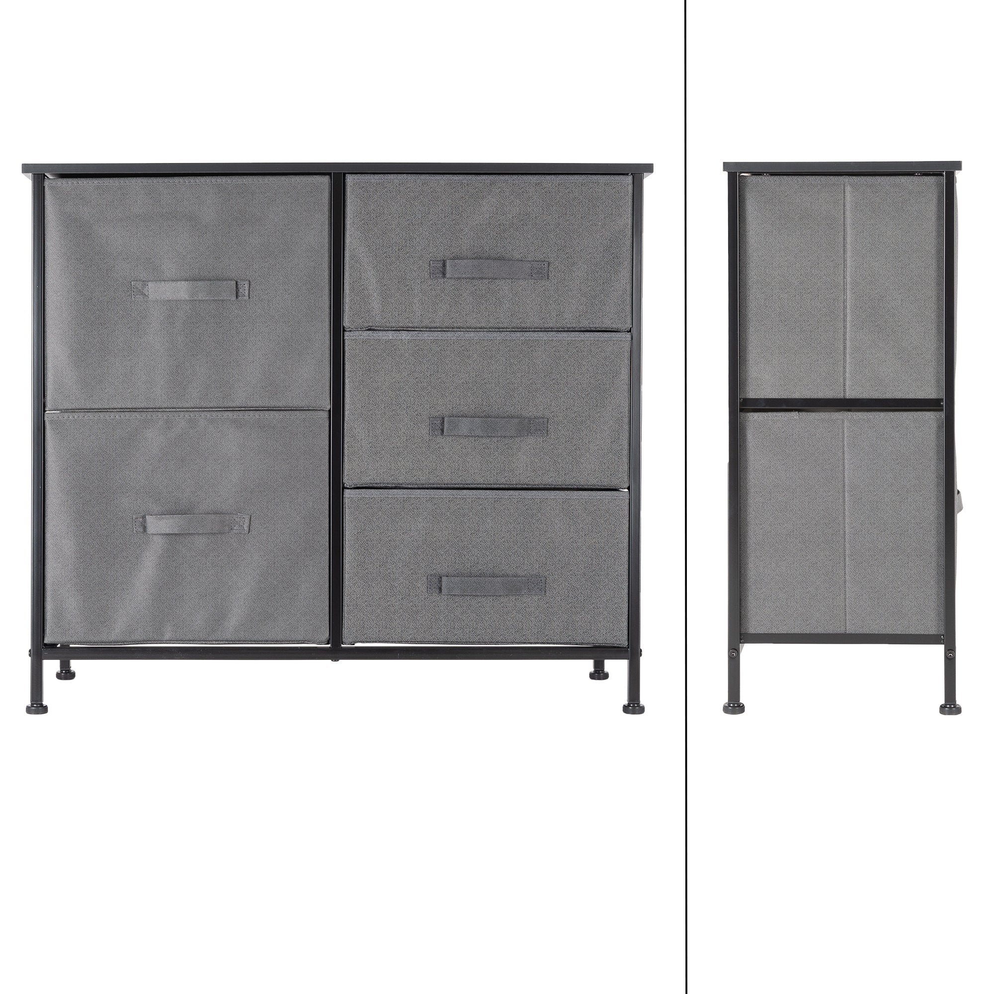 Schrank mit grauen Stoffboxen und zwei offenen Fächern.