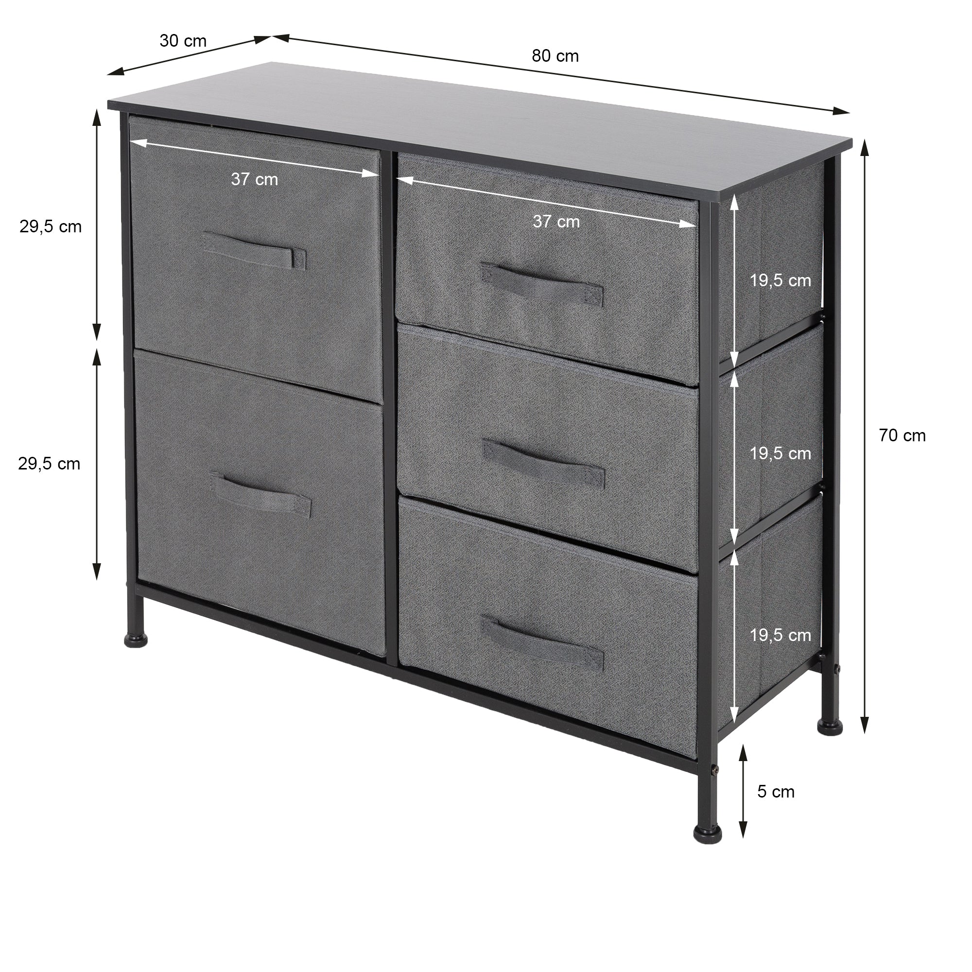 Schrank mit vier Schubladen und zwei Fächern, Maße und Details sichtbar.