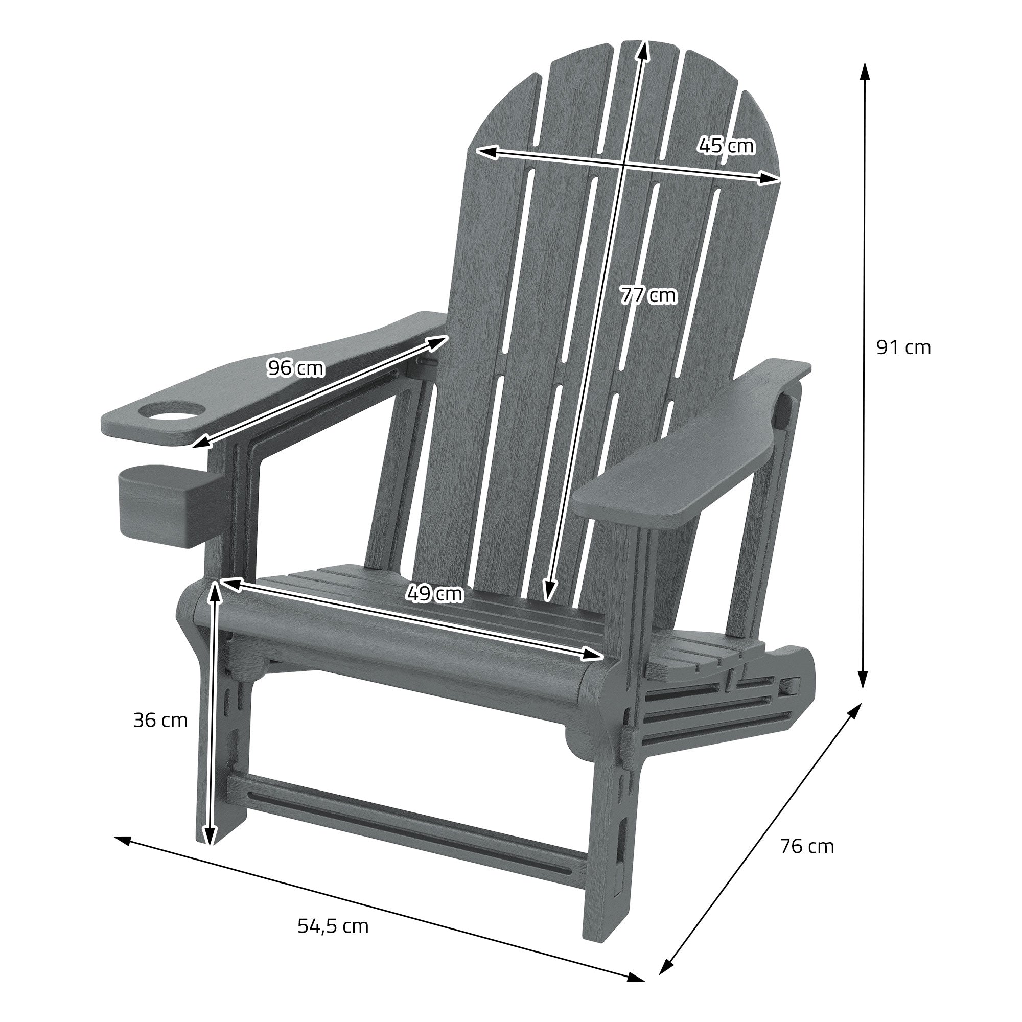 Grafik mit Maßen eines grauen Adirondack-Stuhls, zeigt Abmessungen und Details.