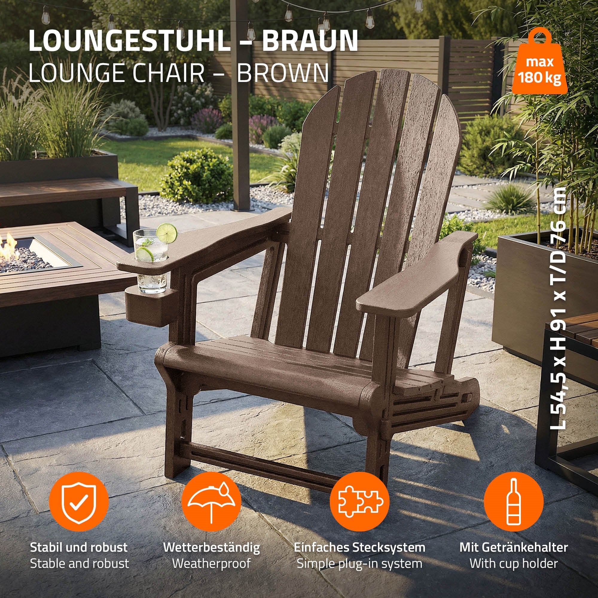 Lounge-Stuhl in Braun mit Informationen zu den Eigenschaften und Maßen.