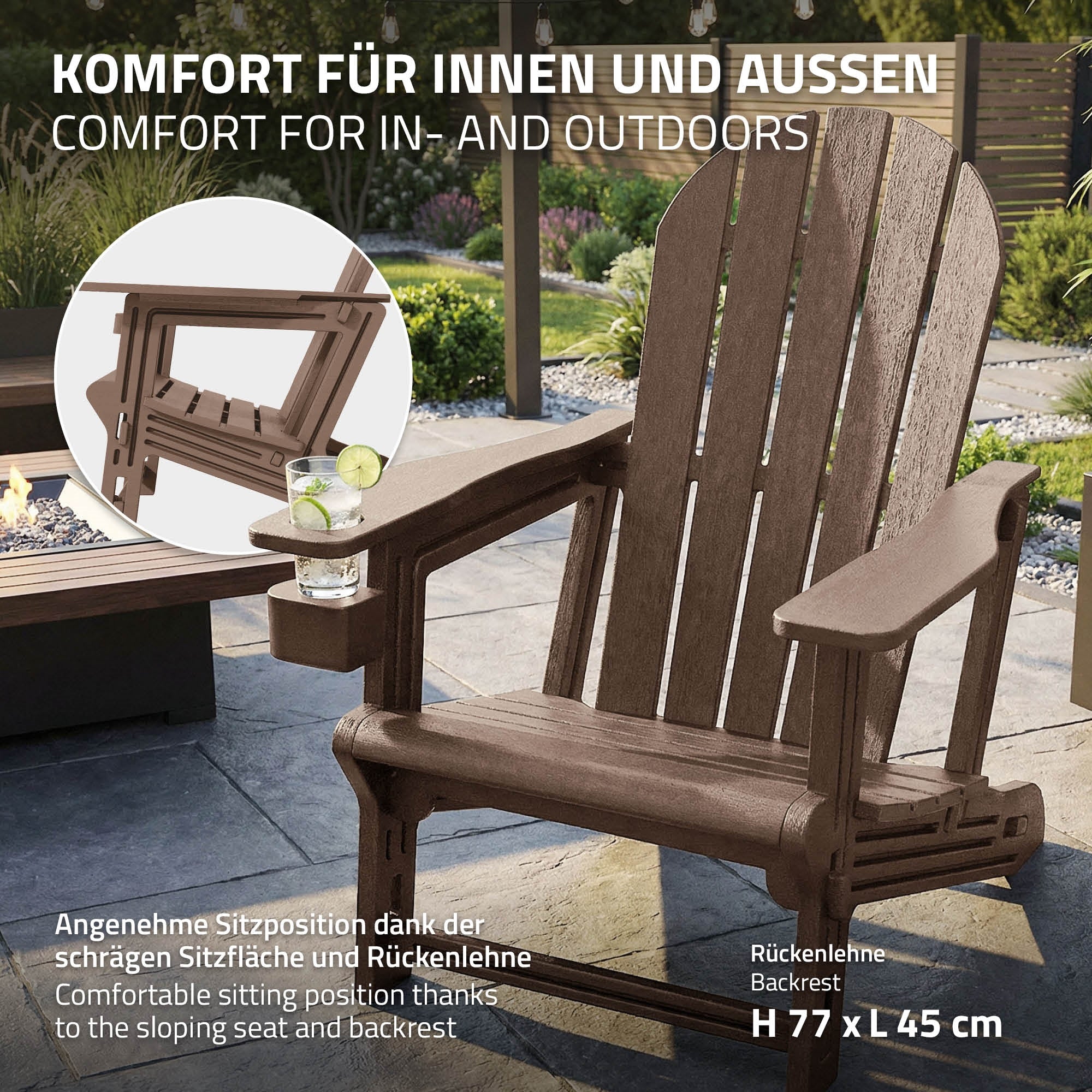 Chaise en bois pour l'intérieur et l'extérieur avec une boisson sur l'accoudoir.