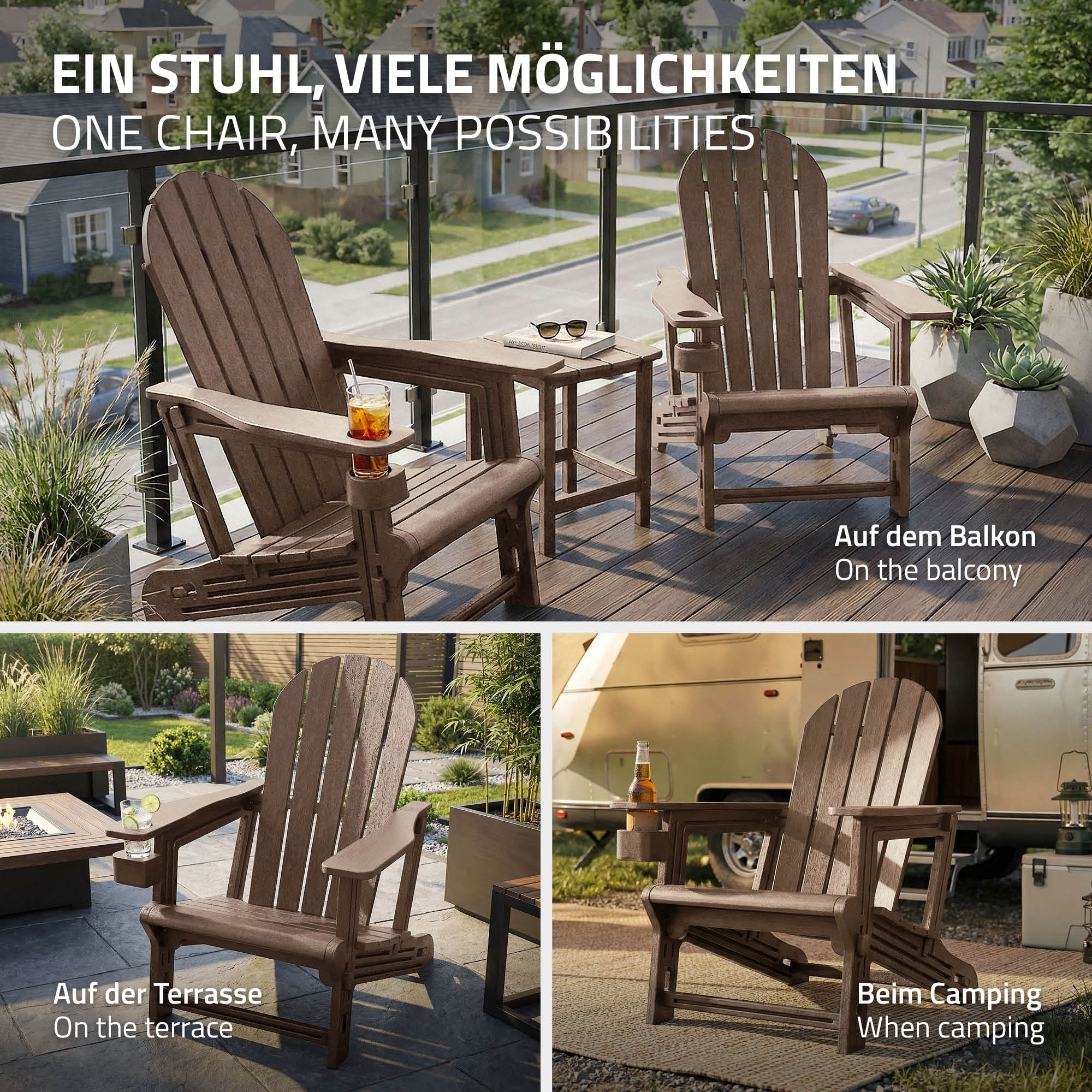 Trois images d'une chaise en bois sur un balcon, une terrasse et en camping.