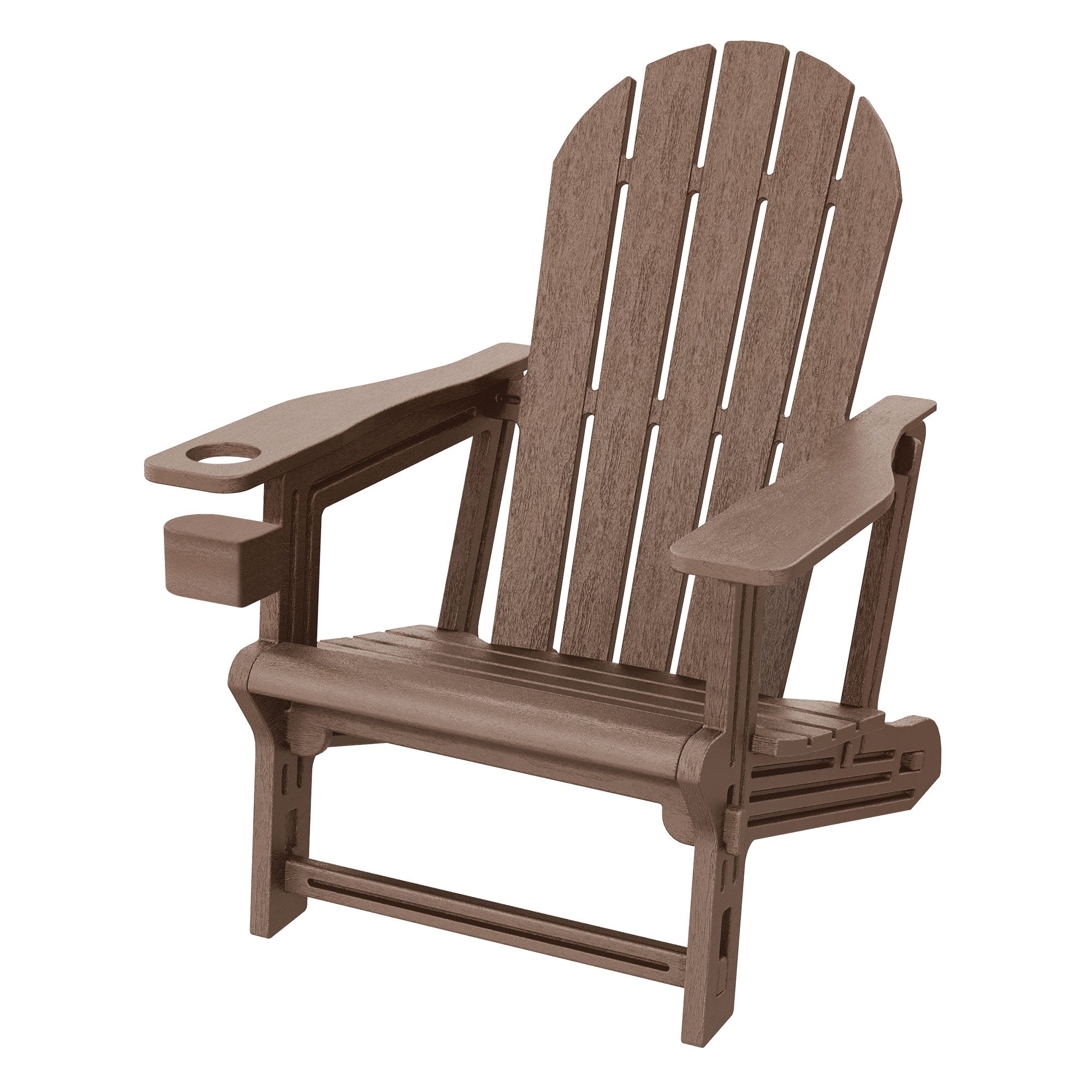 Holzstuhl im Adirondack-Stil mit Armlehnen und Getränkehalter.