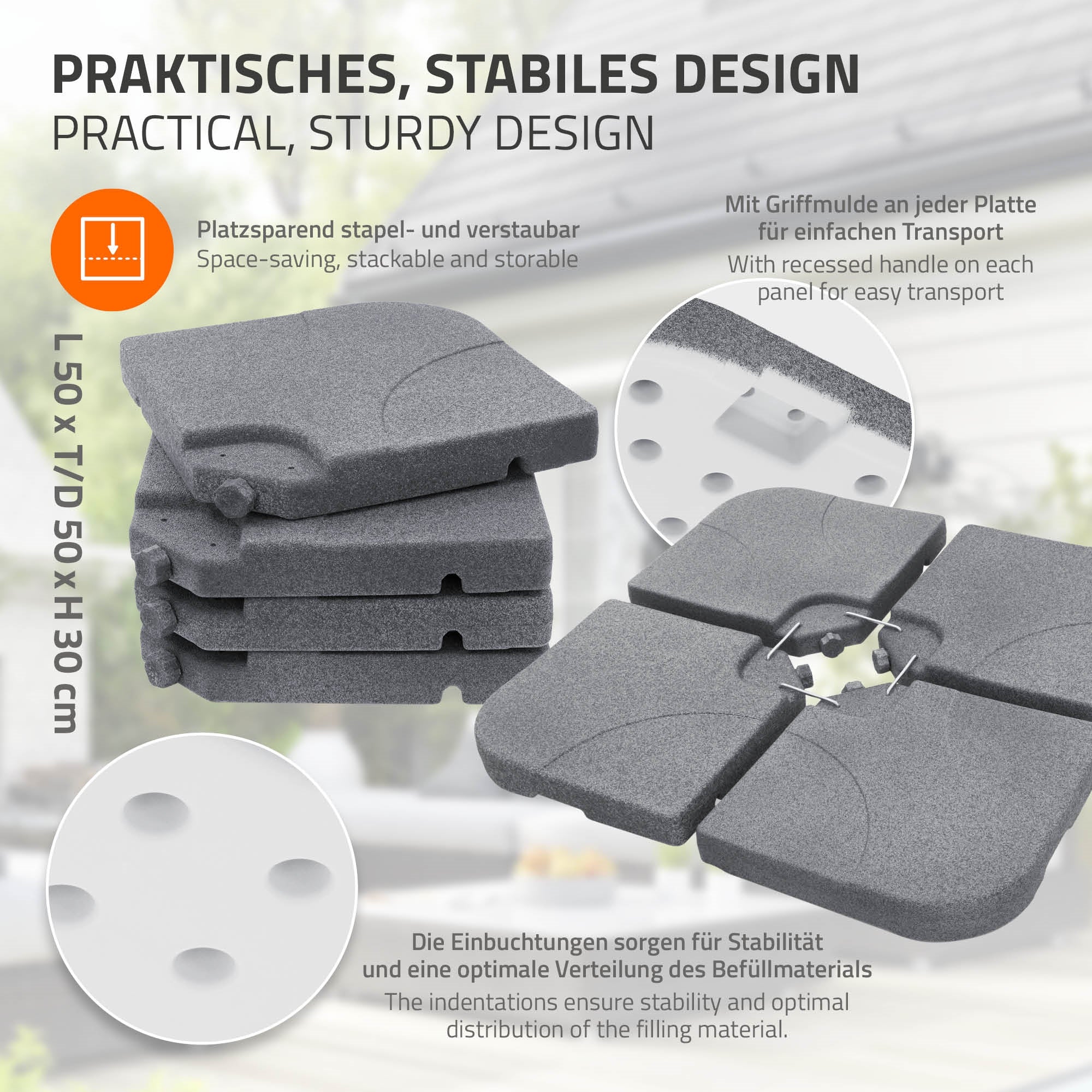 Stapelbare und transportierbare Platten mit Maßangaben.