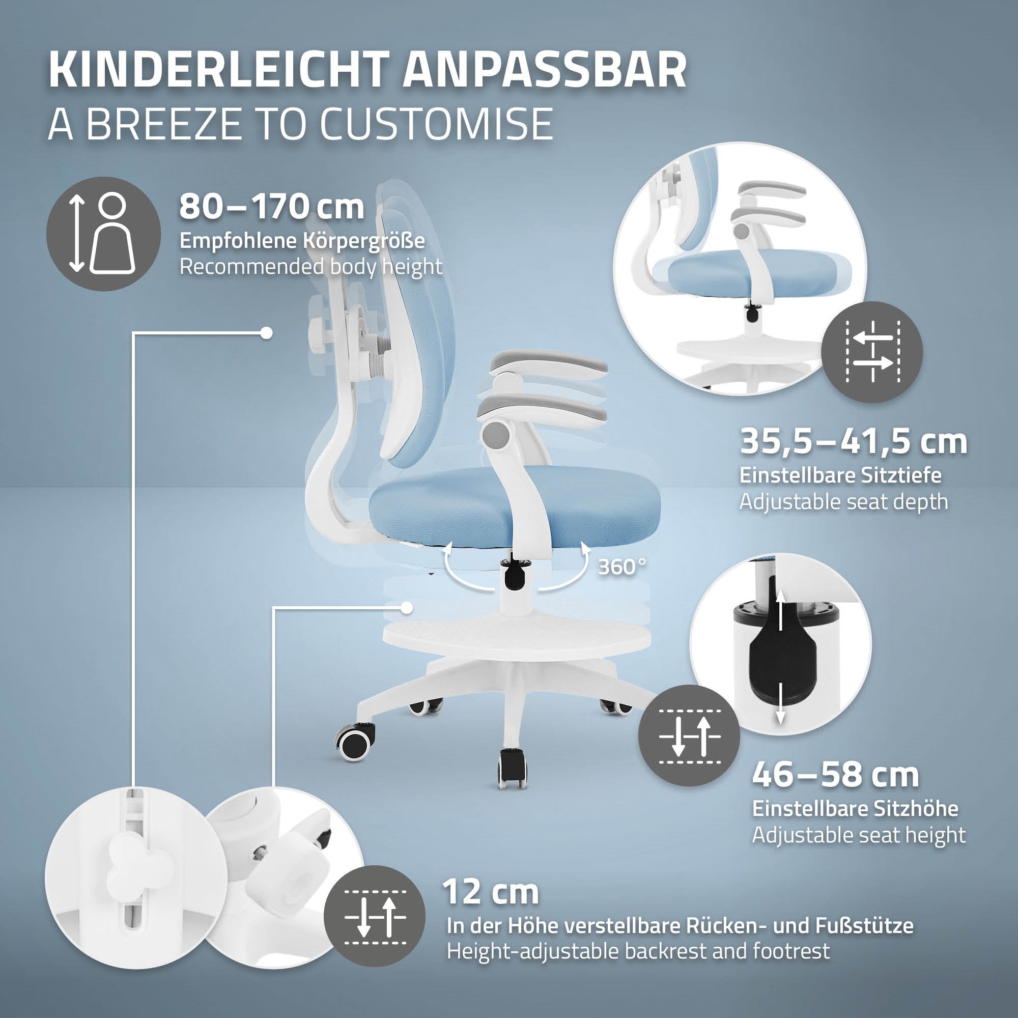 Grafik mit Anpassungsmöglichkeiten eines Schreibtischstuhls.