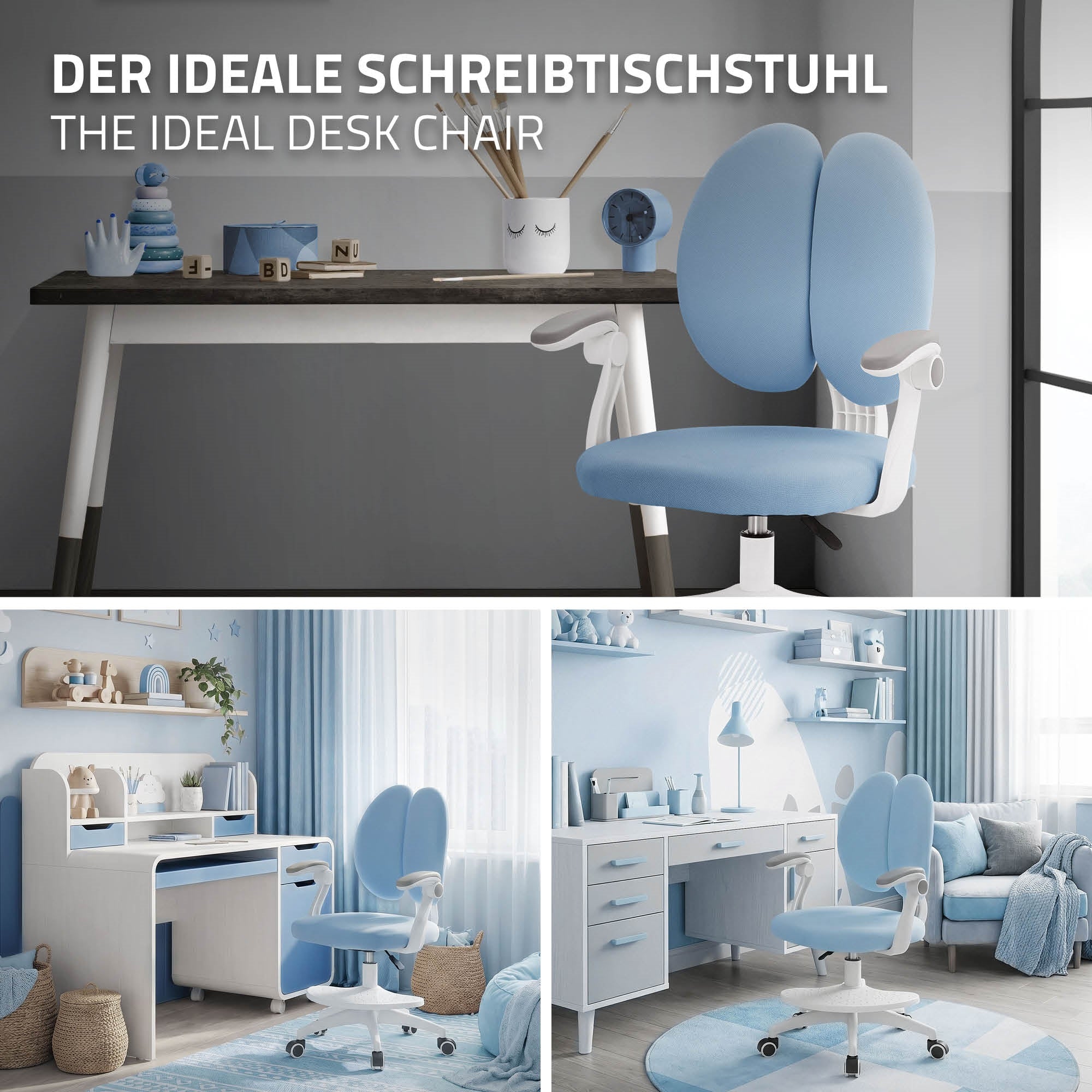 Collage eines idealen Schreibtischstuhls in einem hellblauen Raum mit Schreibtisch.