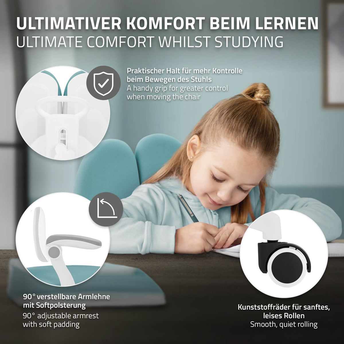 Eine Grafik, die die Funktionen eines Bürostuhls mit verstellbaren Armlehnen und Rollen zeigt.