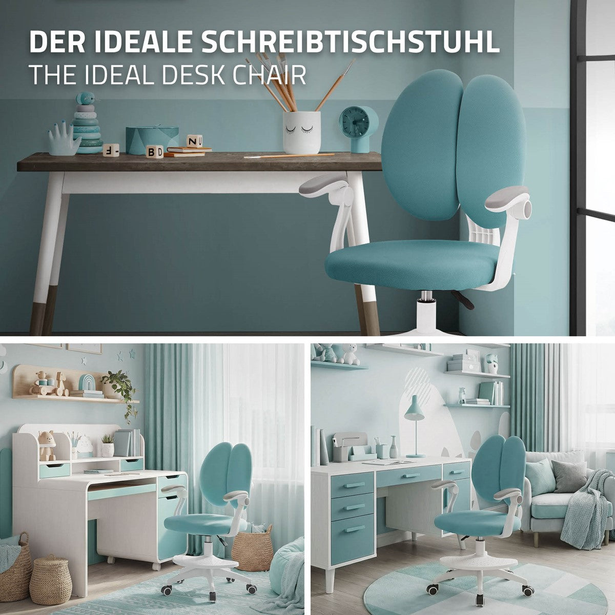 Ein blauer Schreibtischstuhl in einem hellen Raum mit Schreibtisch.