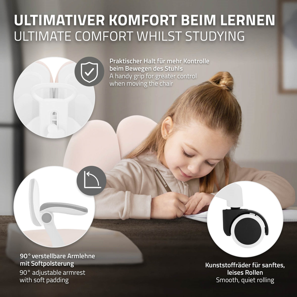 Grafik mit einem Schreibtischstuhl und seinen Funktionen beim Lernen.