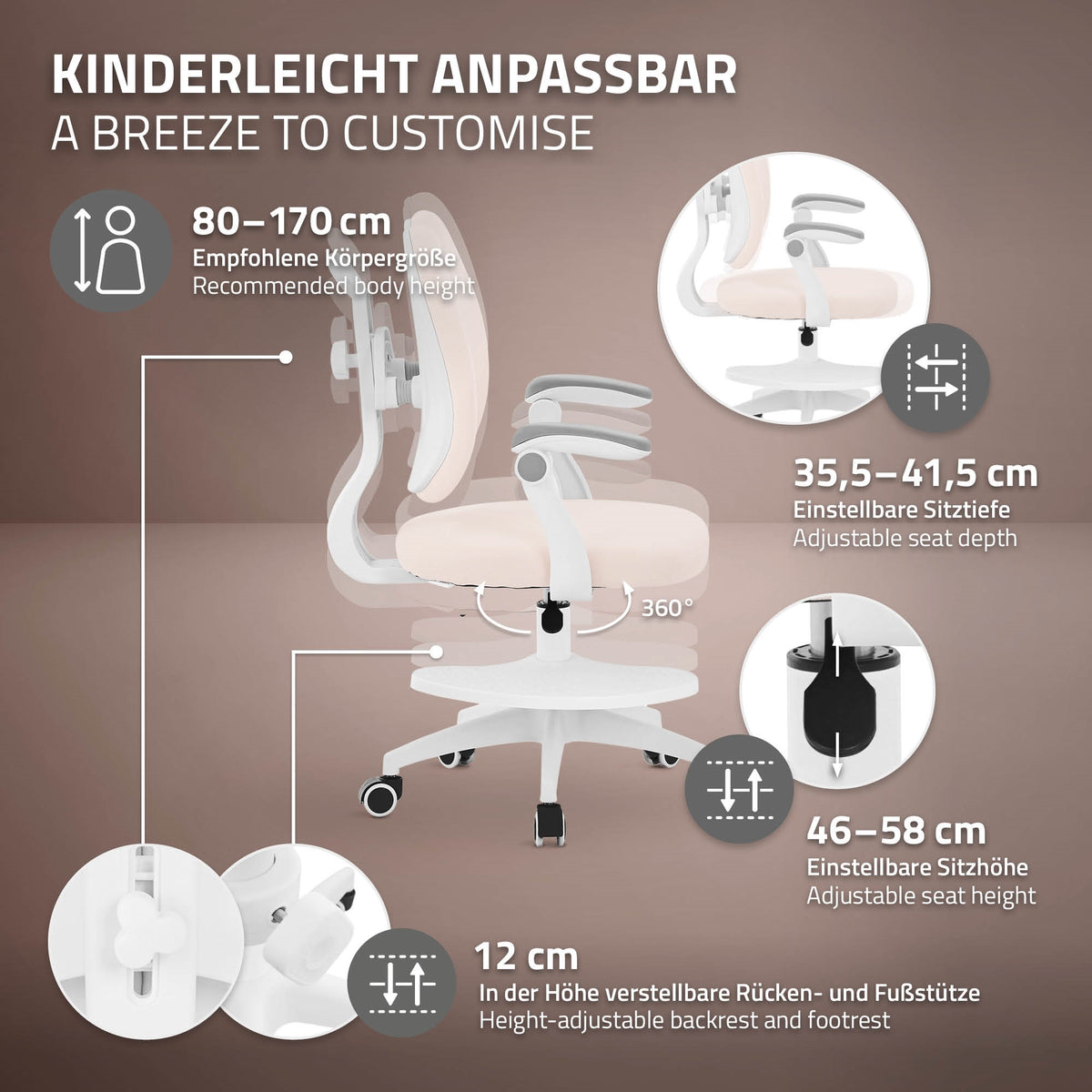 Grafik mit Anpassungsoptionen für einen Schreibtischstuhl.