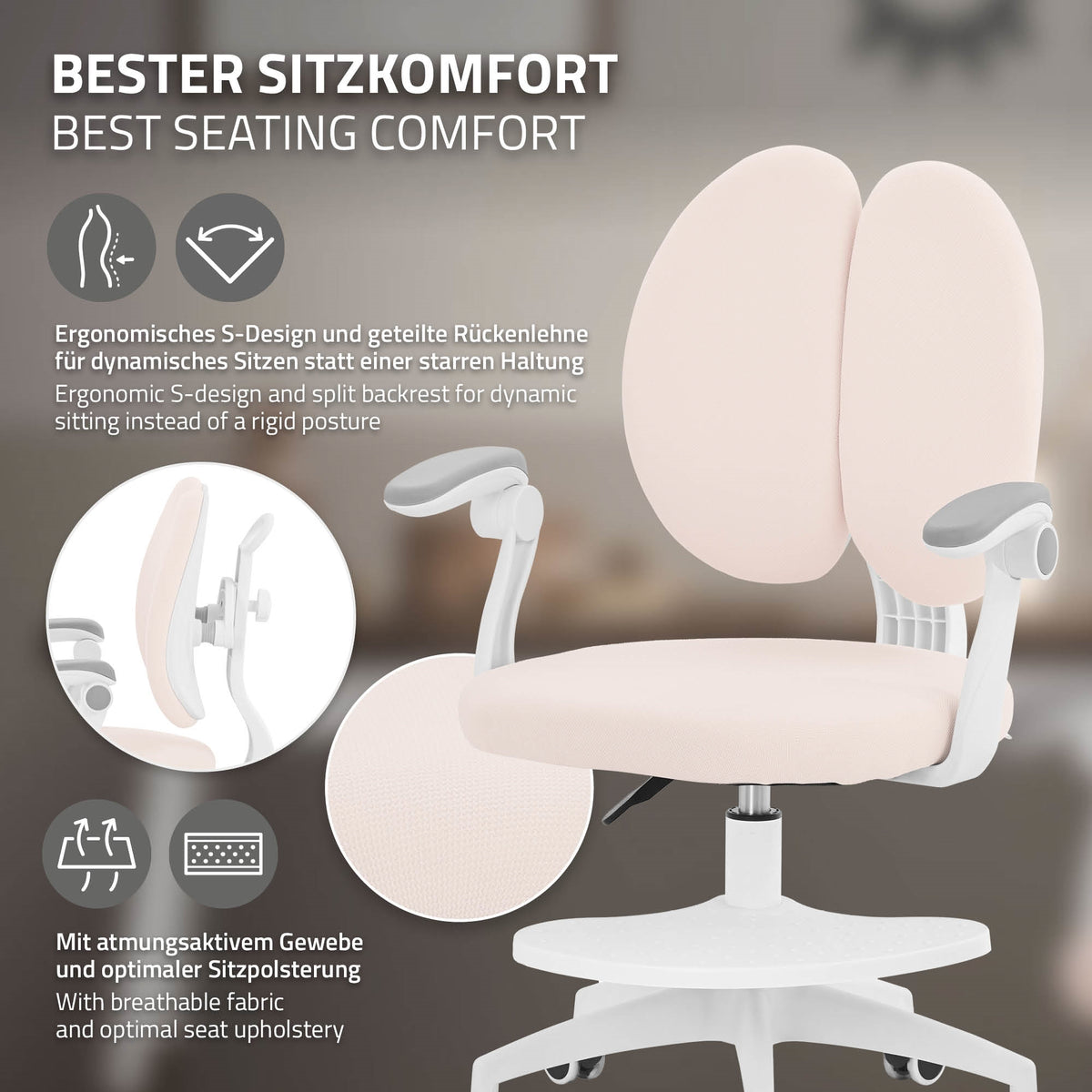 Bürostuhl mit ergonomischem Design und zwei runden Rückenlehnen in hellrosa.