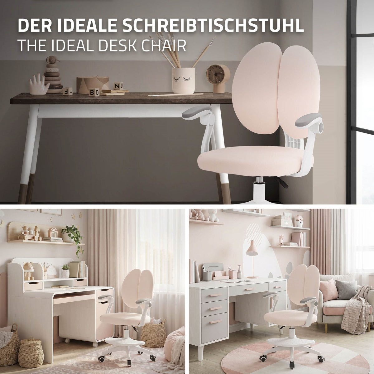 Collage eines idealen Schreibtischstuhls in einem modernen Raum mit Schreibtisch.
