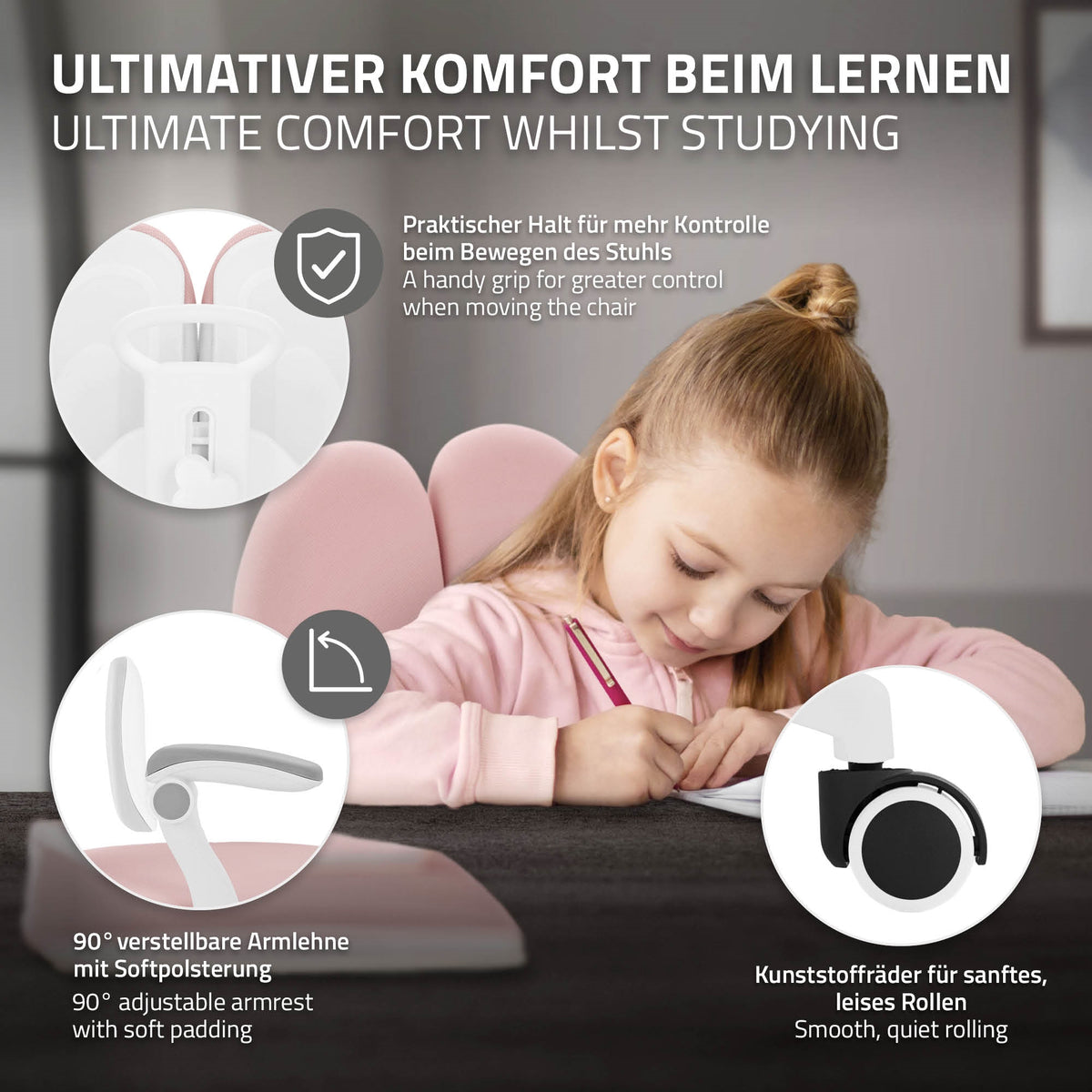 Eine Grafik, die die Funktionen eines Bürostuhls mit verstellbaren Armlehnen und Rollen zeigt.