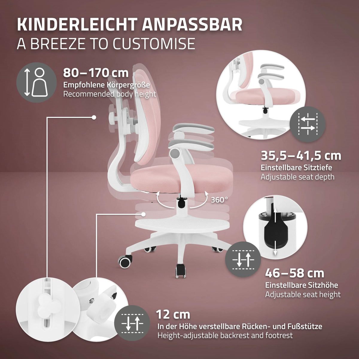 Grafik mit Anpassungsoptionen für einen Bürostuhl, inklusive Höhen- und Sitztiefeneinstellungen.