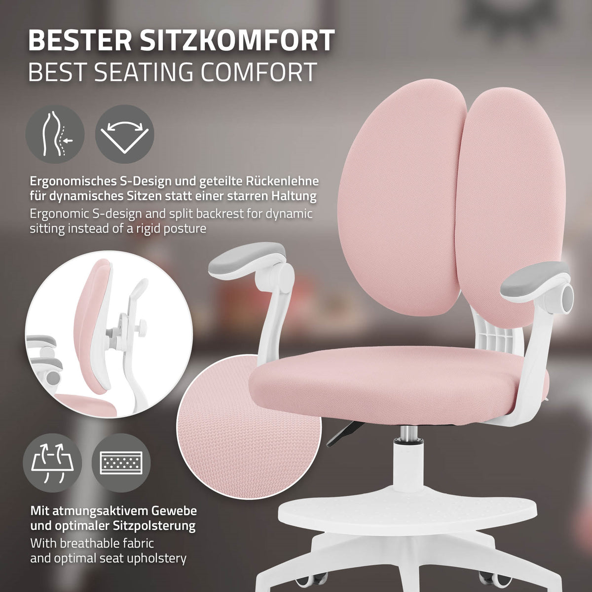 Bürostuhl mit ergonomischem Design und pinkem Bezug.